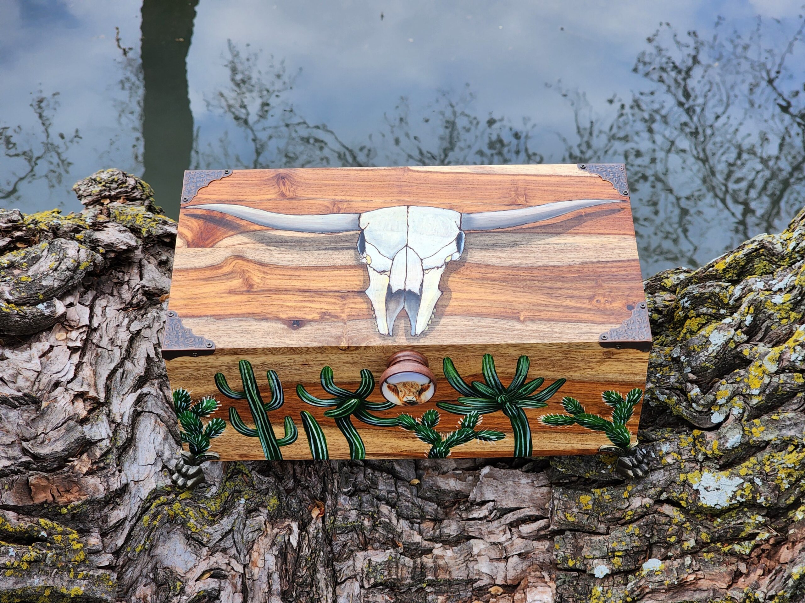 This white oak antique box was repurposed into this beautiful jewelry / trinket box with a cool design of a Longhorn skull and some cacti. Brass feet and decorative corner pieces were assembled to it, and a nice cow knob. The box was varnished after it was painted.