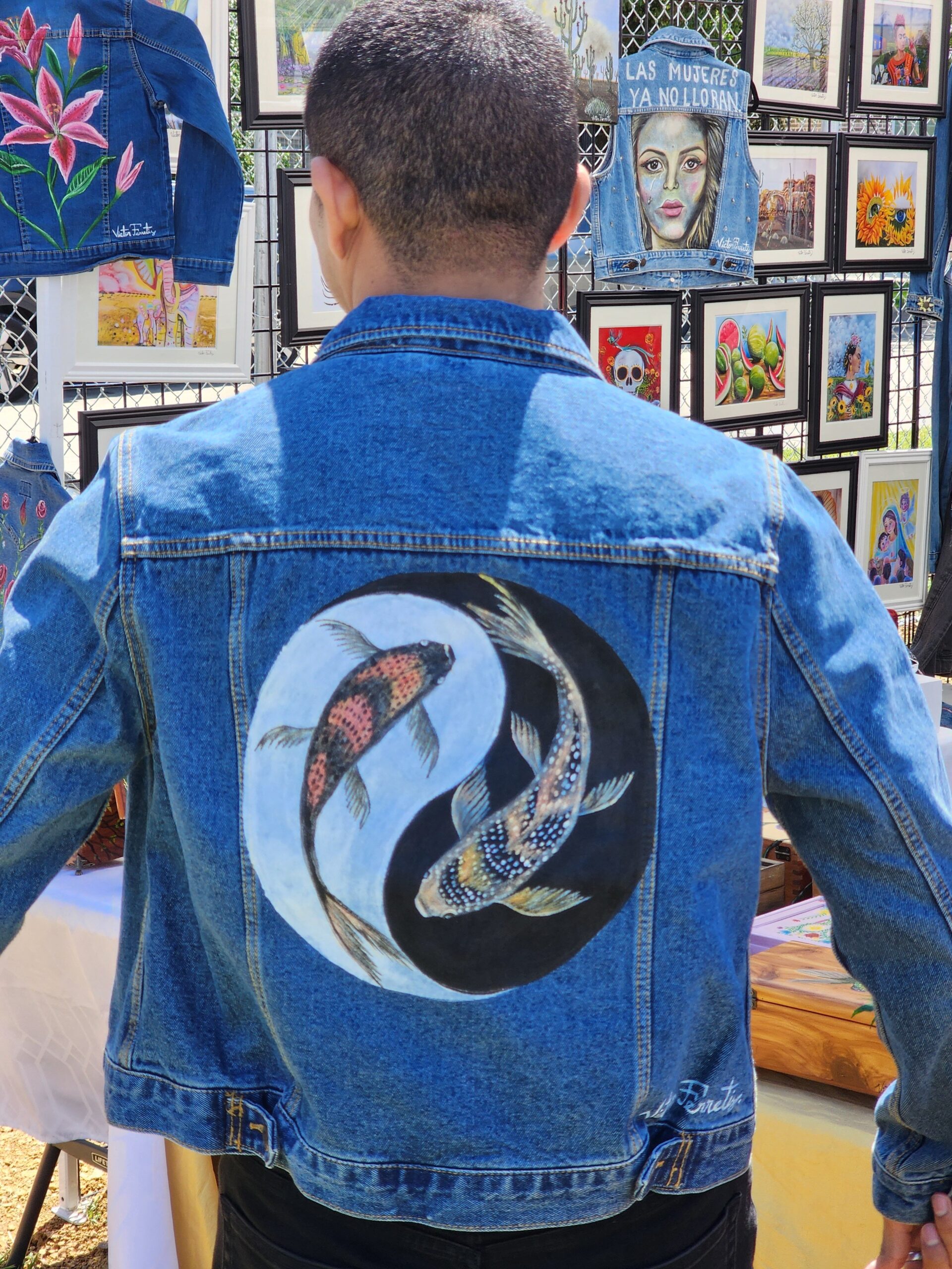 Brand new denim jacket. This jacket is handpainted with textile paint, and it has been heat pressed, so you can wash it and dry it, and nothing is going to happen to it. Size: XL (women's)