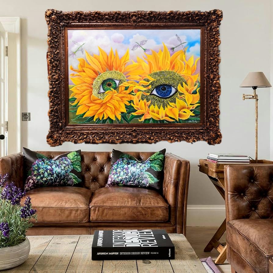 This oil painting has two big sunflowers with an eye on each of their center surrounded by seed blooms, which represent the observations of the natural environment where we live. The purpose is to show humans the awareness and that we are always observed by the minimum living beings. The painting has been finished with a surrealistic style. The flying flowers metamorphosing into a type of dragonfly-like creature that represents freedom.