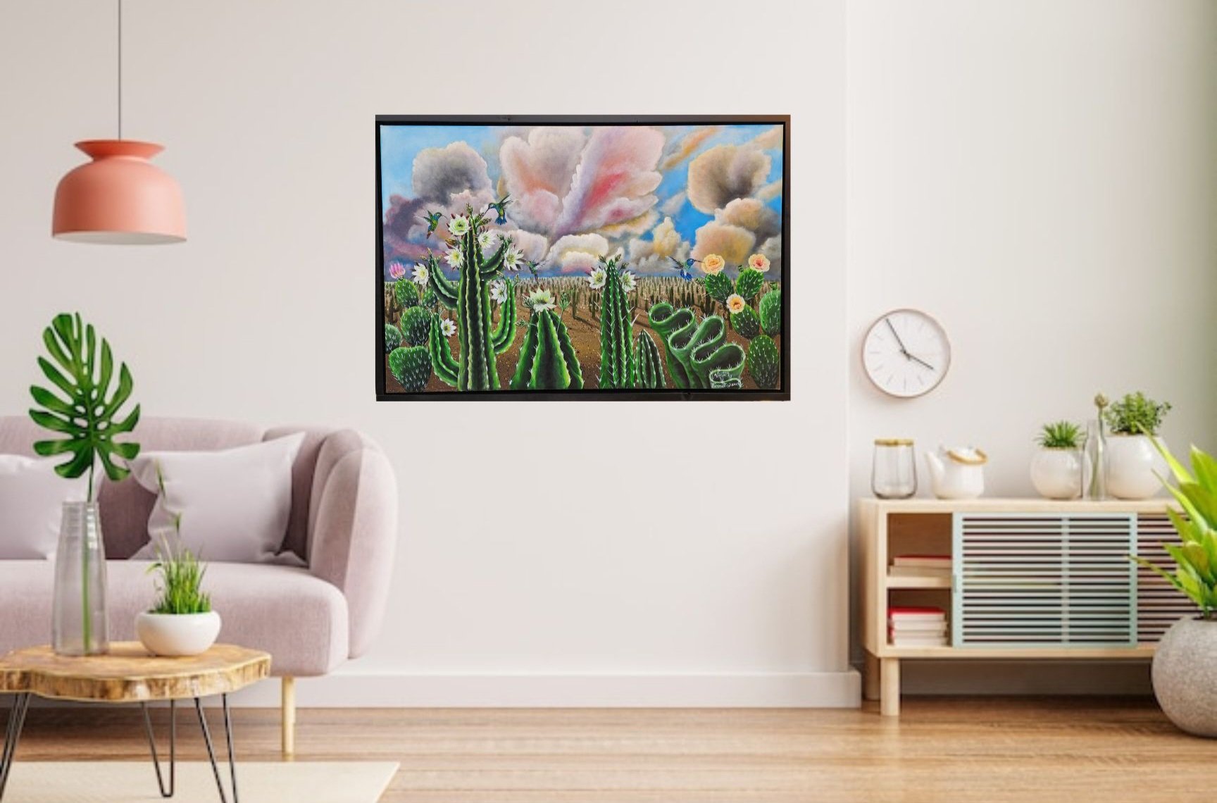 Acrylic paiting on canvas representing a surrealistic cacti garden in the desert with an ethereal cloudscape. The frame was handmade and painted.