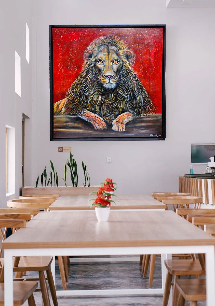 “Powerful,” which represents the presence of a strong and powerful lion, and with a great level of majesty and elegance and respect. The artwork is painted with acrylics on canvas of 48″x48″ inches. The work of art has a custom frame handmade with completely resistant, strong poplar wood and is already painted with a uniform black color. The frame already has some D-shaped hooks assembled, ready to hang in your beautiful home.