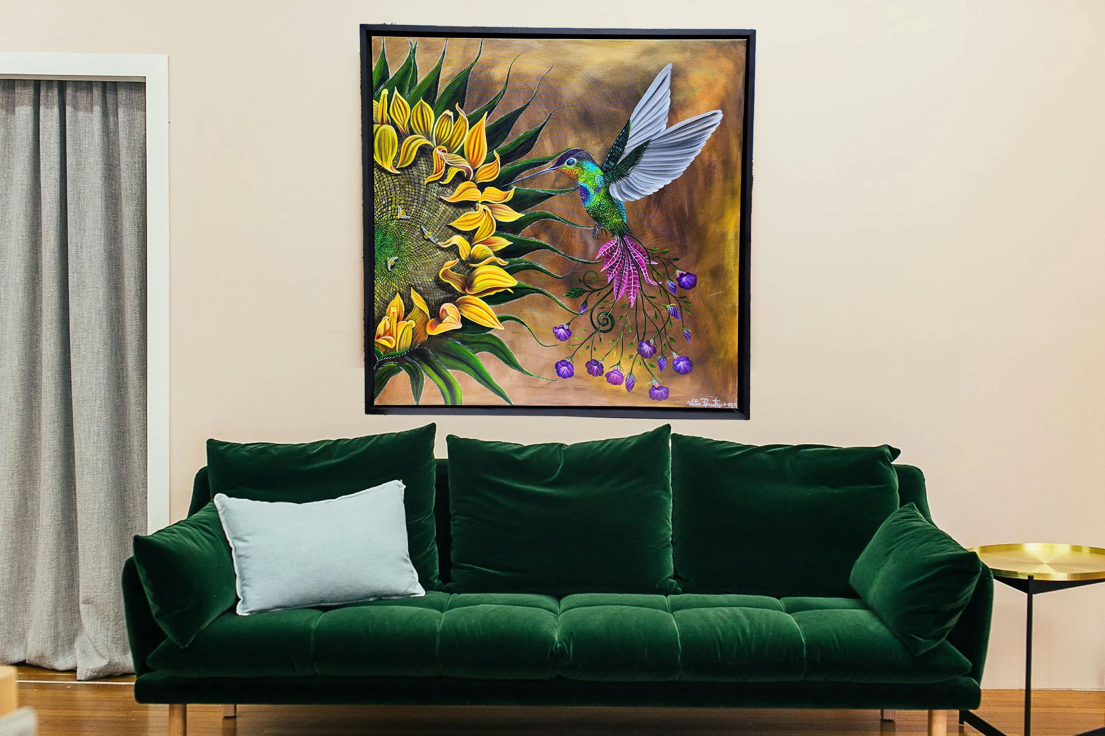 Original painting with a giant sunflower with a big hummingbird metamorphosing into magenta morning glories. A deep look into nature, perceiving bright and rich colors. Dimensions: 1.5″x48″x48 The work of art has a custom frame handmade with completely resistant, strong poplar wood and is already painted with a uniform black color. The frame already has some D-shaped hooks assembled, ready to hang in your beautiful home.