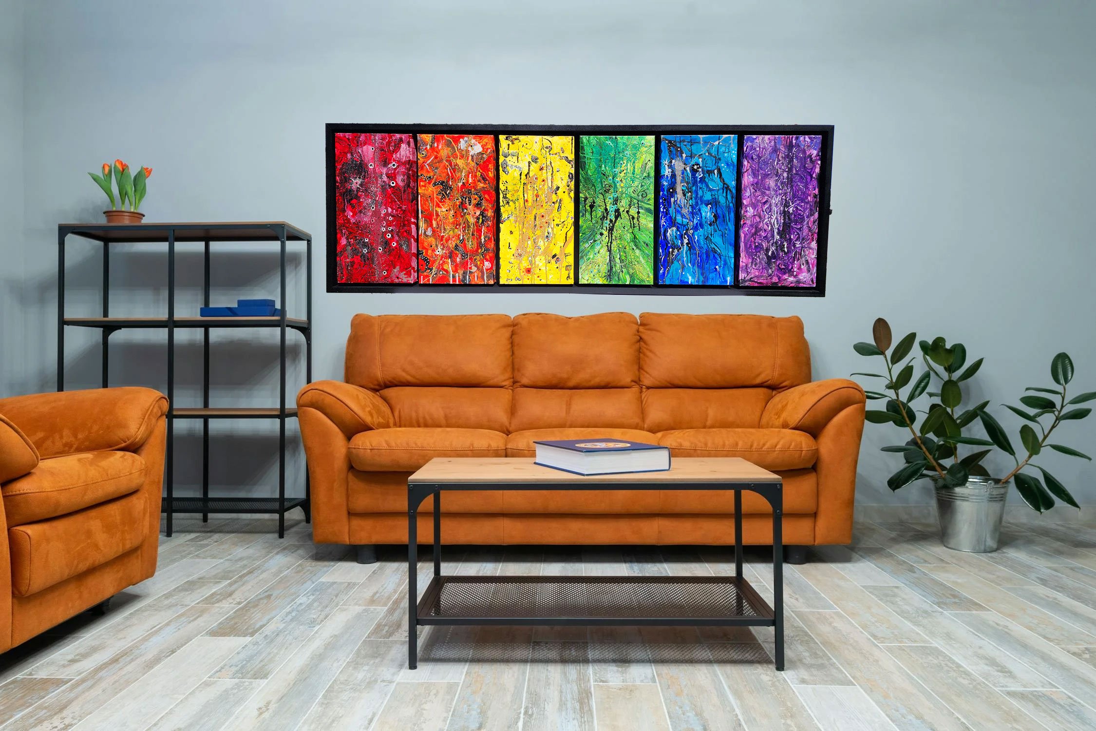 Abstract composition of six pieces of canvases all framed together. The work of art has a custom frame handmade with completely resistant, strong poplar wood and is already painted with a uniform black color. The frame already has some D-shaped hooks assembled, ready to hang in your beautiful home.