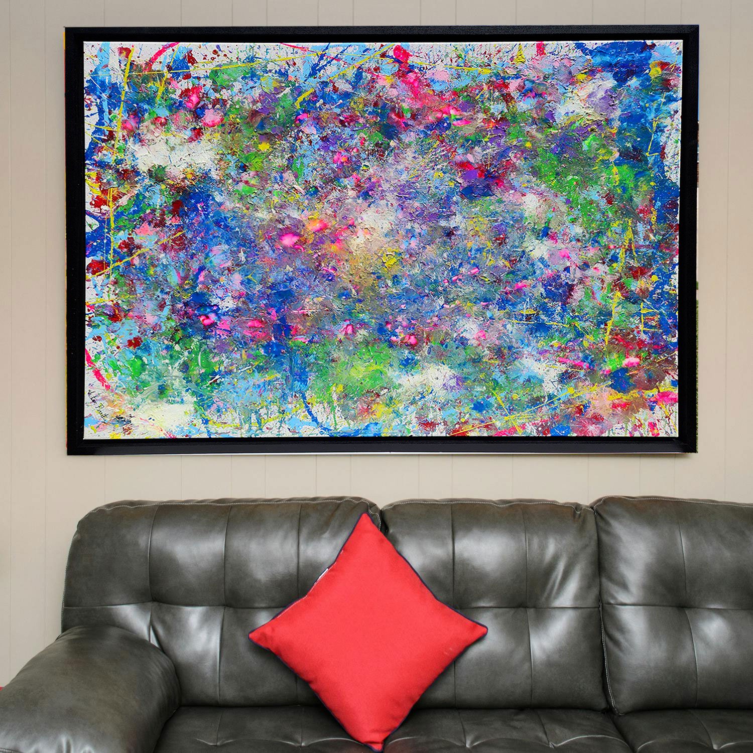 Abstract painting. Acrylic paint on canvas. This work of art has a custom frame handmade with completely strong wood and is already painted with a uniform black color. The frame already has some D-shaped hooks assembled, ready to hang in your beautiful home.