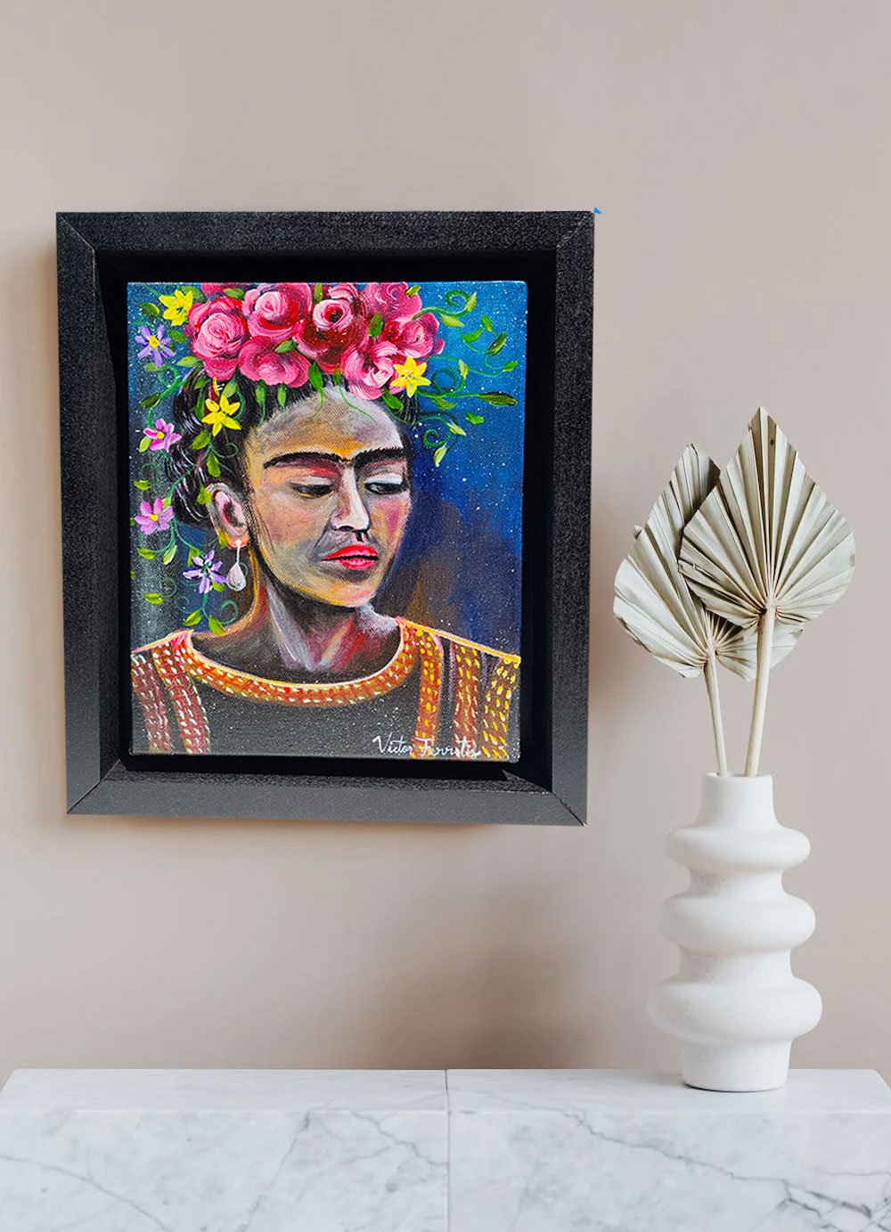 Semi-Abstract depiction of the eminent Mexican artist, Frida Kahlo. Acrylic on gallery canvas. Size: 8x10x1.5 inches. The work of art has a custom frame handmade with completely resistant, strong poplar wood and is already painted with a uniform black color. The frame already has some D-shaped hooks assembled, ready to hang in your beautiful home.