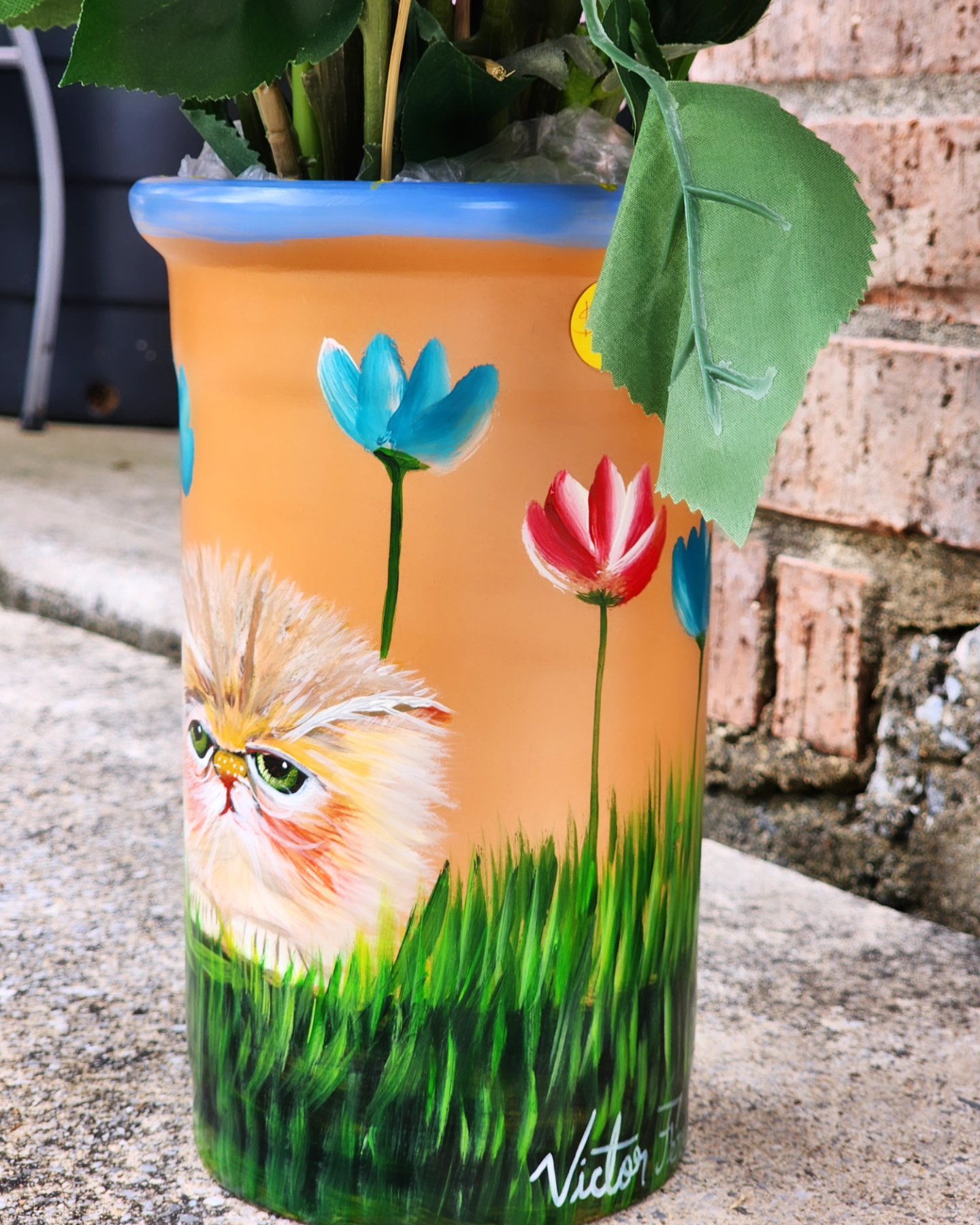 It’s one of a kind handpainted terra cotta vase. Decorative purposes. Not for food or liquids.