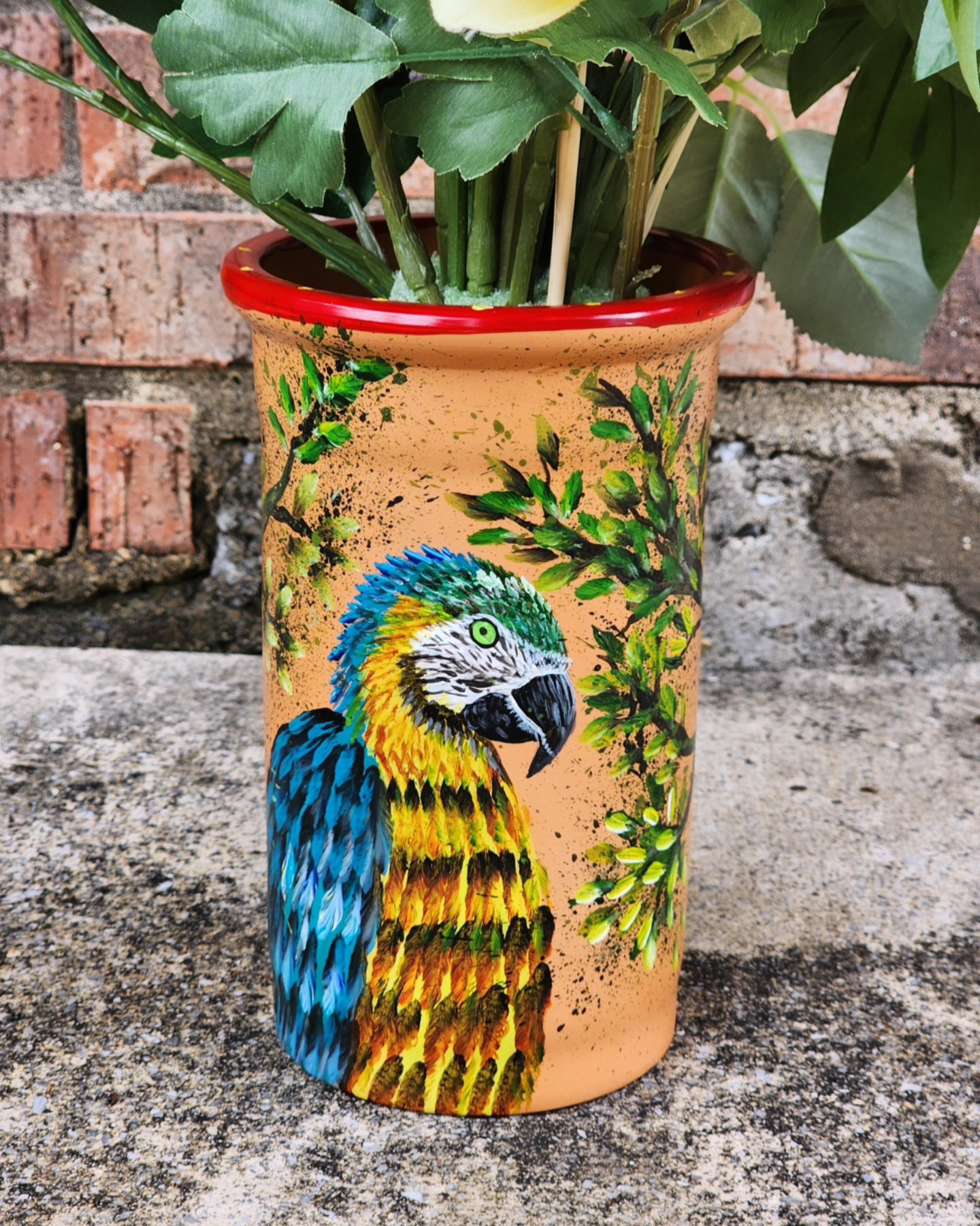 It’s one of a kind handpainted terra cotta vase. Decorative purposes. Not for food or liquids.