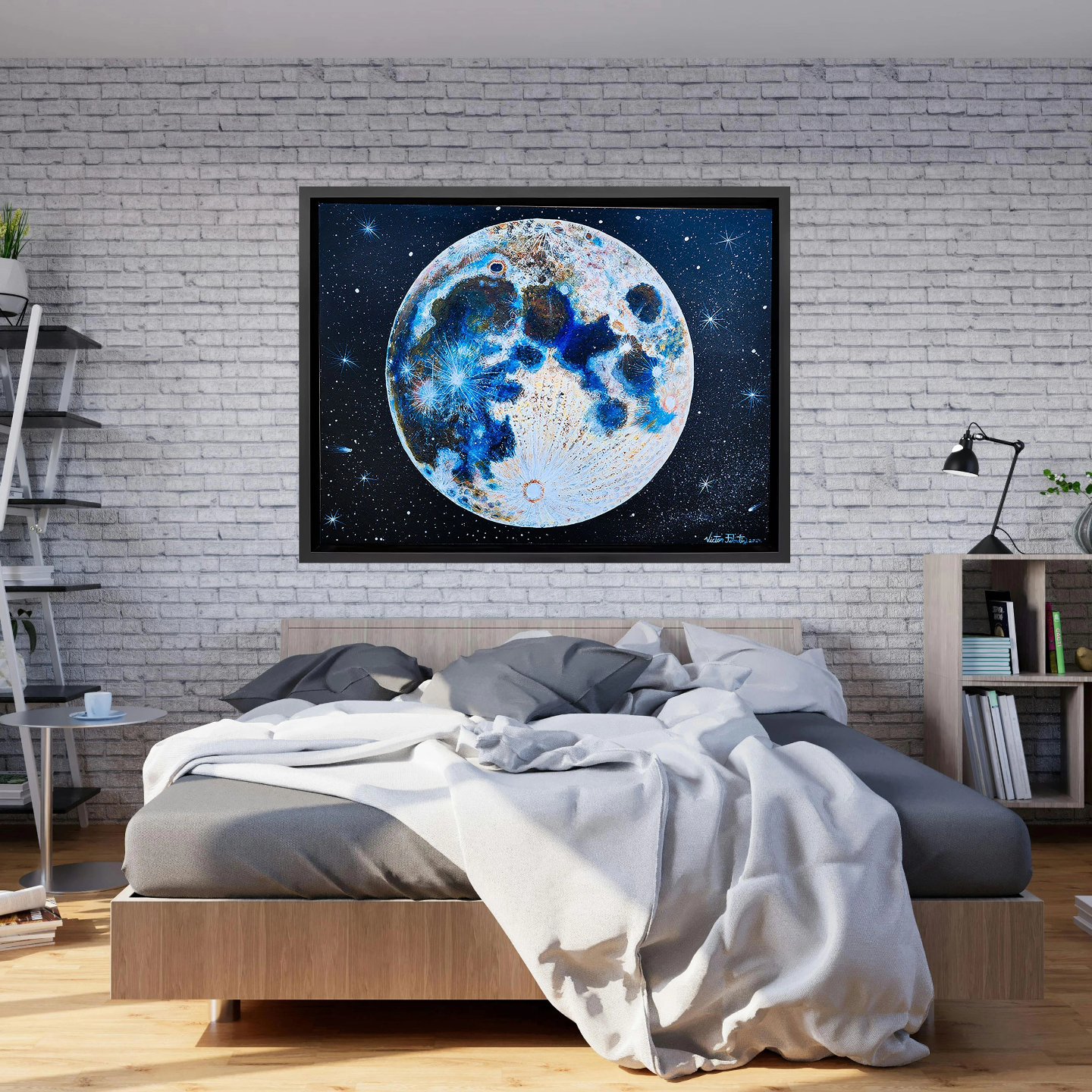 Inspiration that my brain captures every time I look at the sky at night. Original painting made of acrylic paint on canvas. Framed and ready to hang. Original dimensions with frame: 41.5"xl x 31.5" x 2.5"