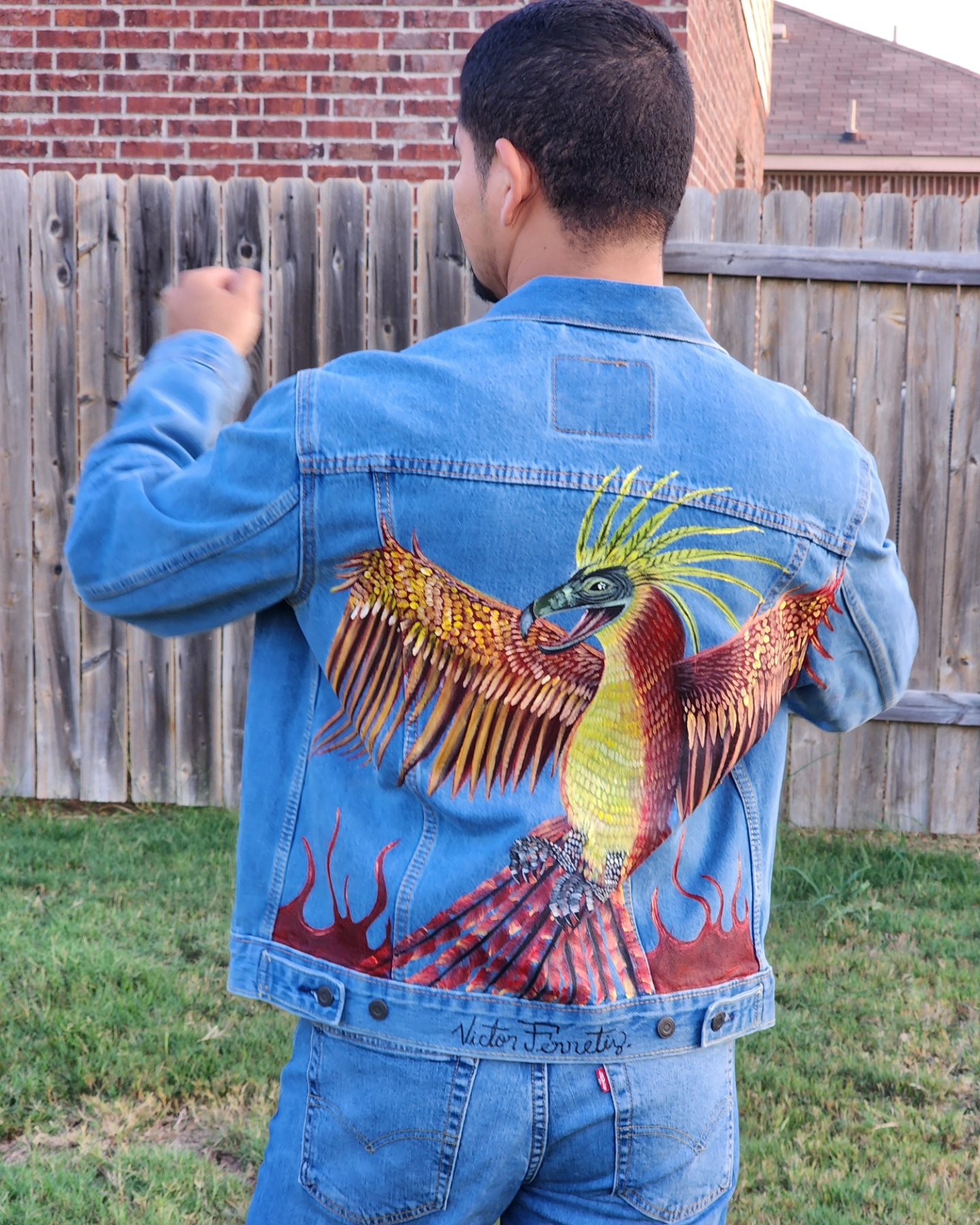 Handpainted brand new denim jacket with a phoenix design in the back and flames in the front. Textile paint on denim. Washer and dryer safe. Size: Men's medium.