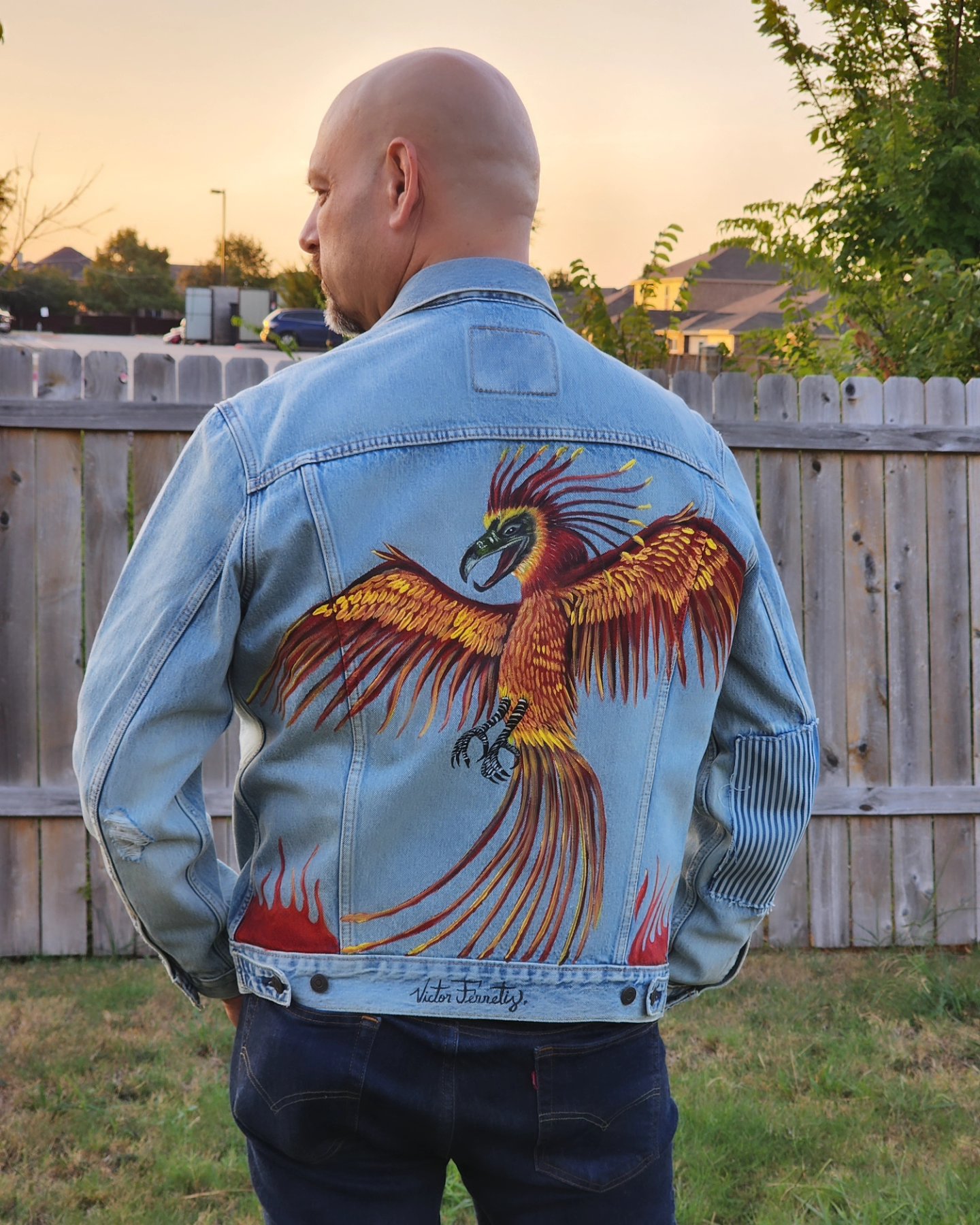 Handpainted brand new denim jacket with a phoenix design in the back and flames in the front. Textile paint on denim. Washer and dryer safe. Size: Men’s Large