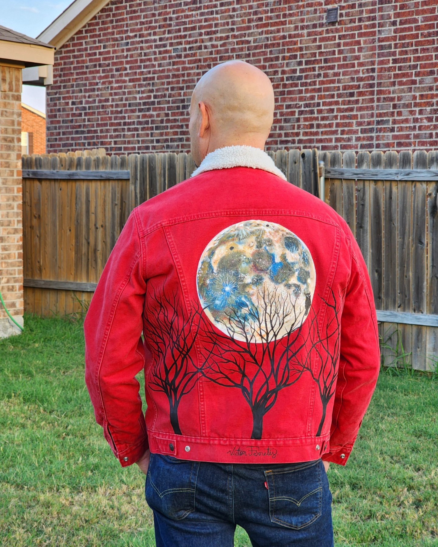 Handpainted Levi's brand new denim jacket with a super moon design in the back. Size: Men's Large. Textile paint on denim. Washer and dryer safe.