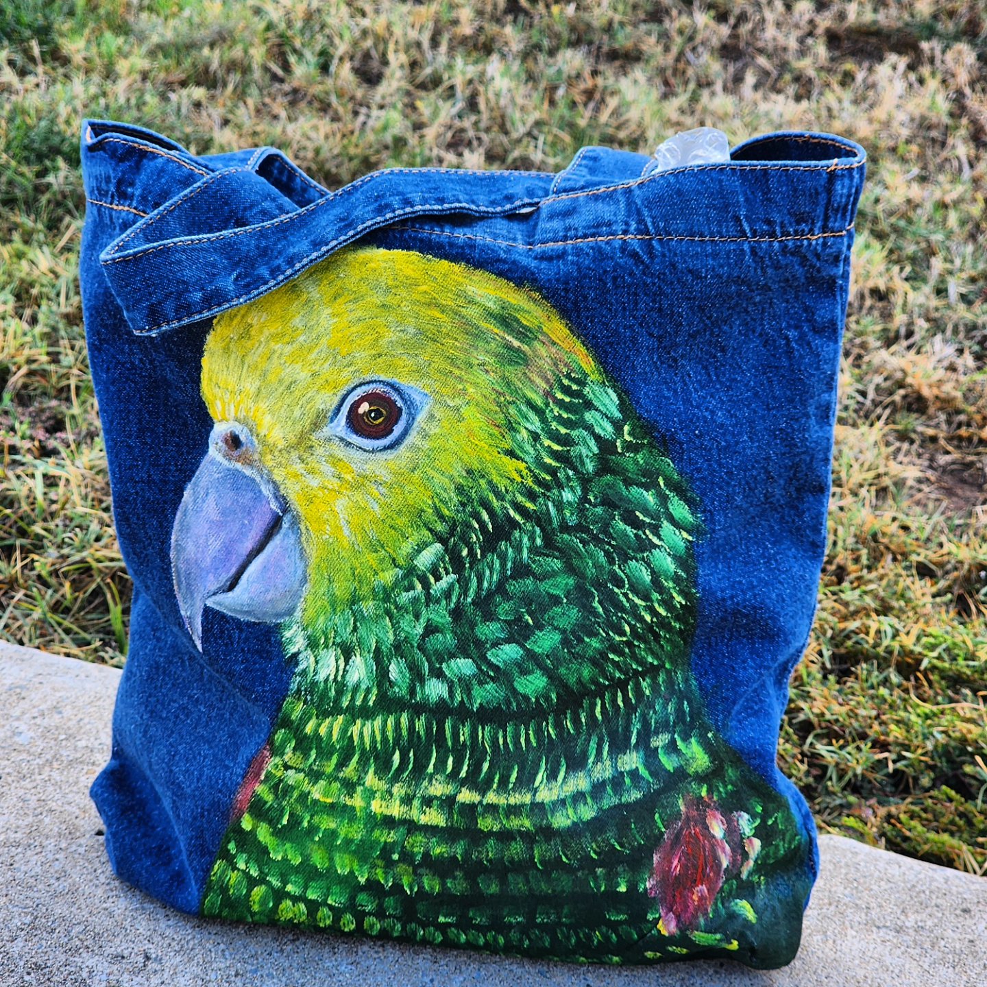 This is a handpainted vintage denim bag with a desing of a parrot in front and in the back of the bag. This bag was painted with textile paint on denim. Size: 14x15 inches. Washer and dryer safe.