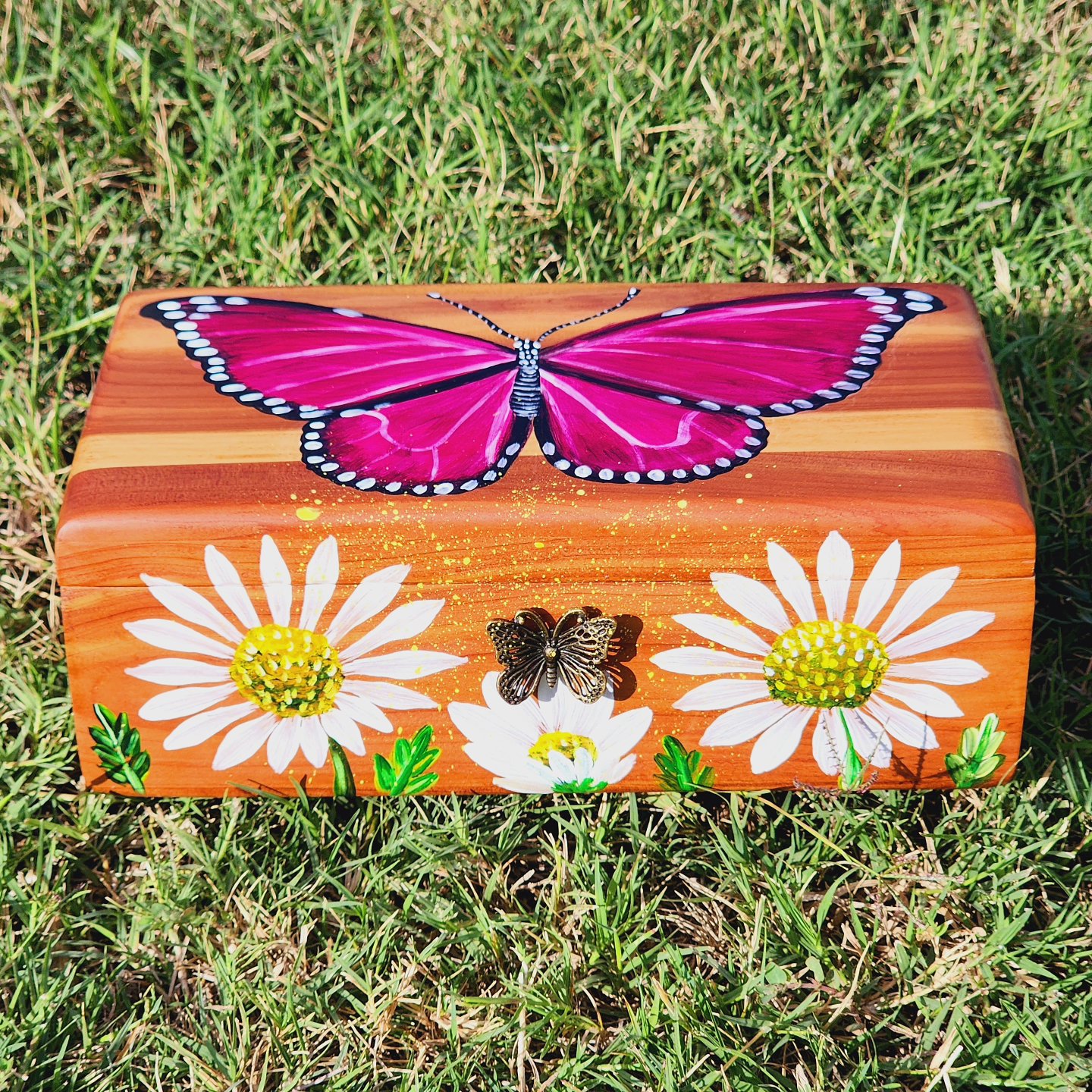 This antique wooden box was repurposed into this beautiful jewelry or trinket box.
Dimensions of box: 5Lx9Wx3.5H