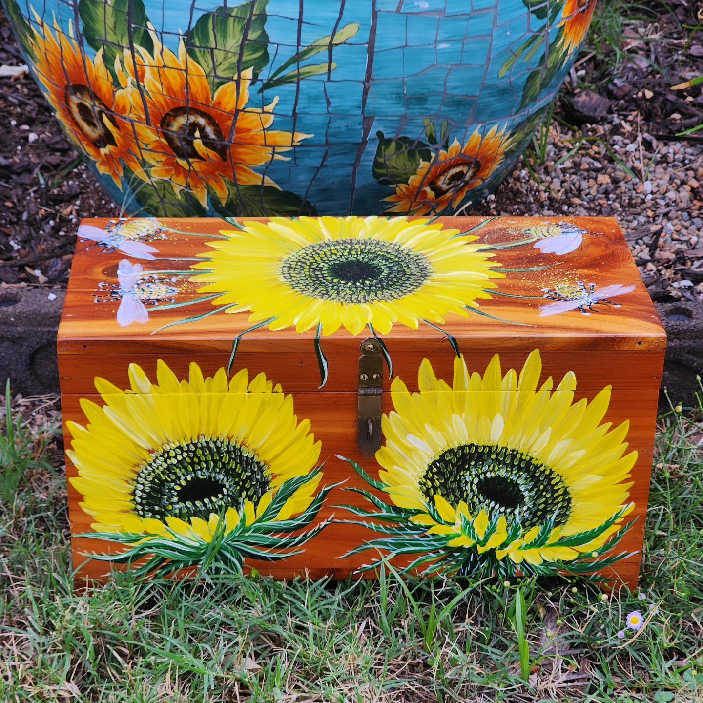 Repurposed antique wooden jewelry box with original design of sunflowers and bees. Cedar box, very strong. Original dimensions of box in inches: 7Lx14Wx8H.