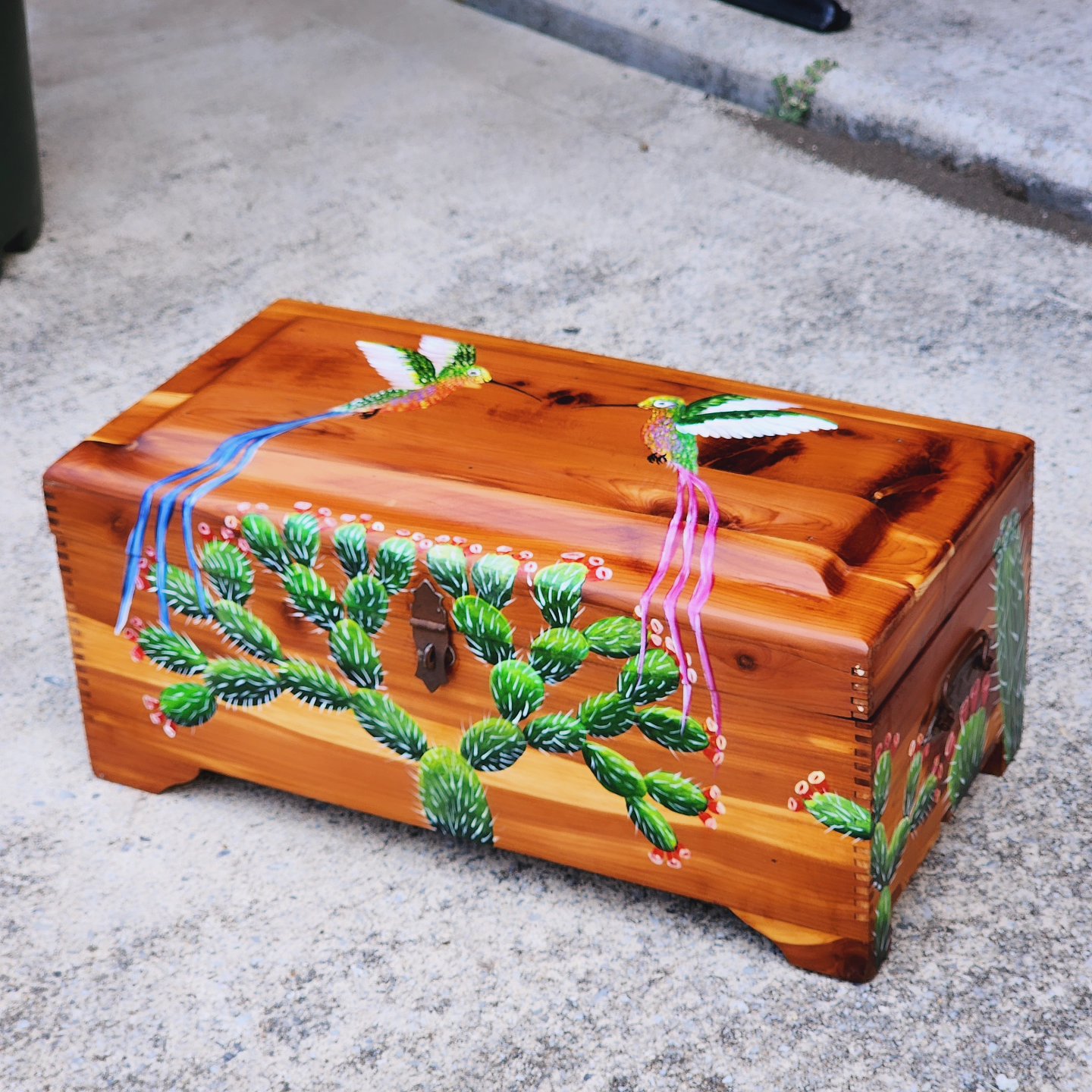 Repurposed antique wooden trinket box with instricate design of cacti and sylphs, which are birds of the family of hummingbirds in South America. Box made of cedar wood. Velvet foam ring insert inside the box and in the lid. Dimensions of box in inches: 7.5 Lengh x 15 Width x 6.5 Height