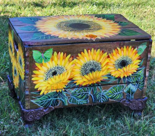 Sunflowers Antique Wooden Chest