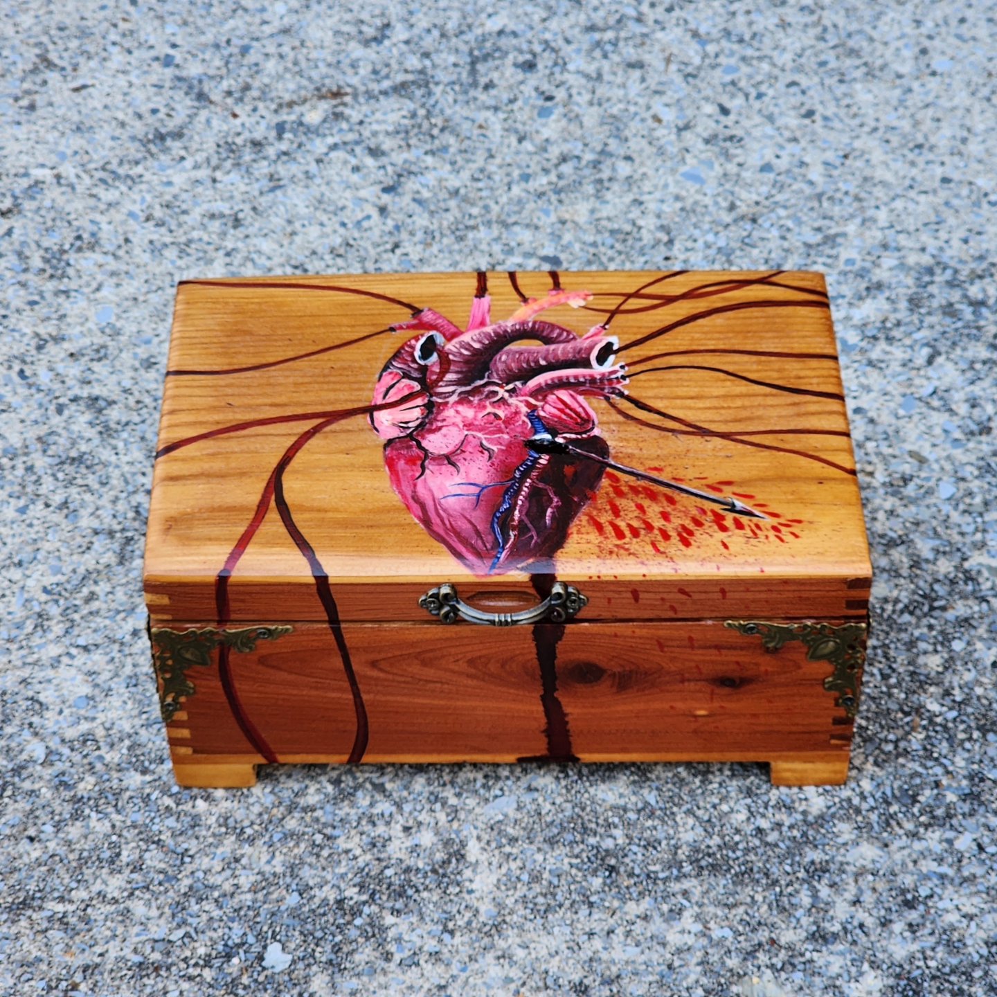 This interesting antique wooden trinket box was perfect to paint a heart 🫀on it with veins and ventricles that connect with the heart and wrap around the box. Then, the hole in the box was perfect to paint an arrow 🏹 through it. Dimensions of box in inches: 5 length x 8 width x 4 height.