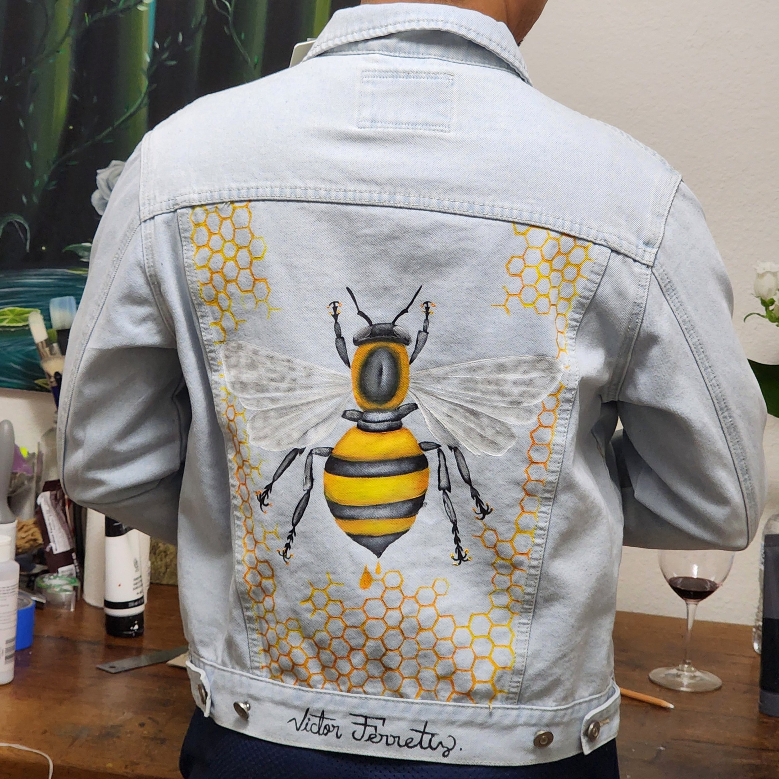 Hudson and Barrow Outwear. Men's Small. Handpainted denim jacket with a bee. Textile paint on denim. Washer and dryer safe.