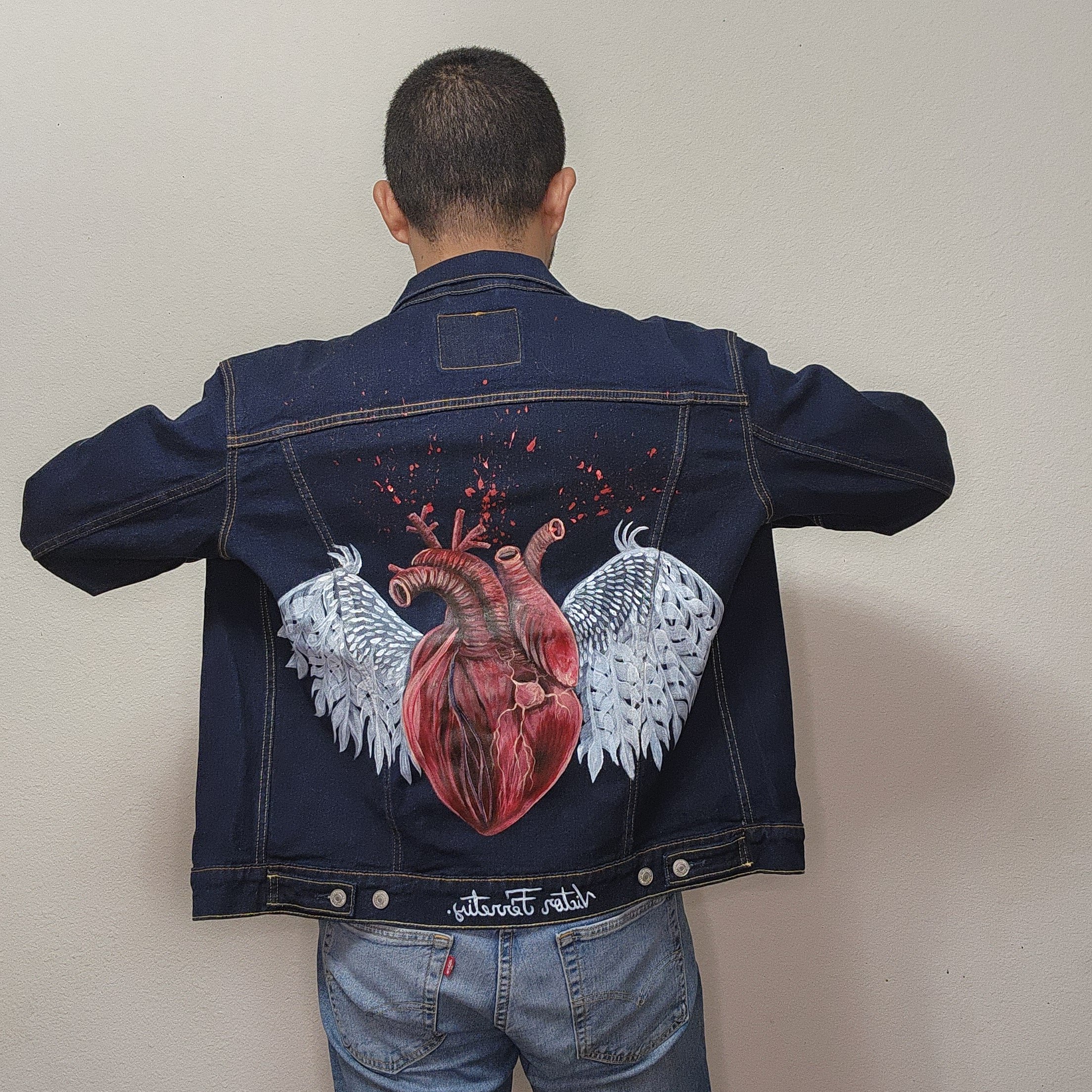 Handpainted brand-new denim jacket with textile paint. Washer and dryer safe. Size: