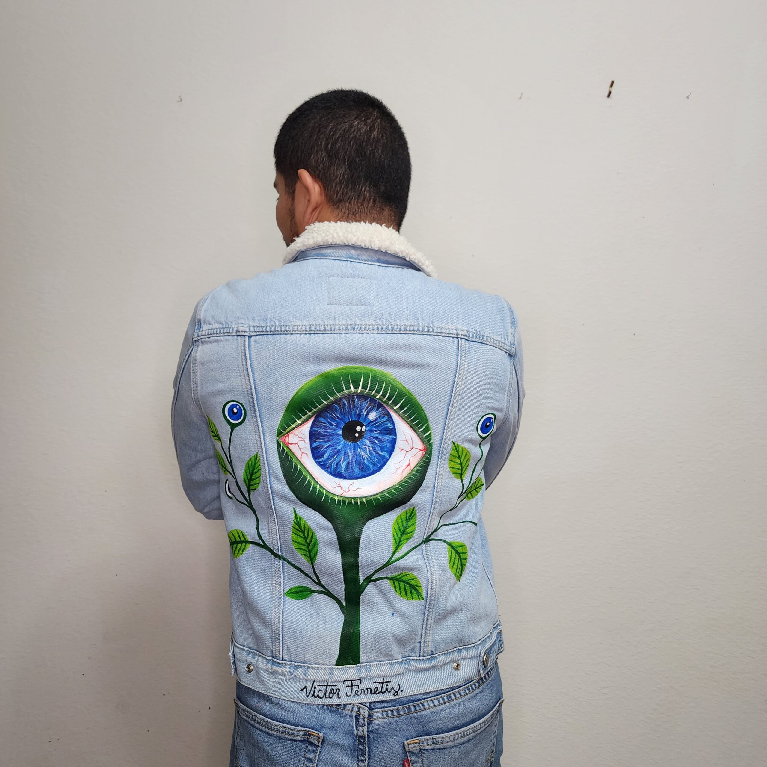 Handpainted brand-new denim jacket with textile paint. Washer and dryer safe. Size: women's L