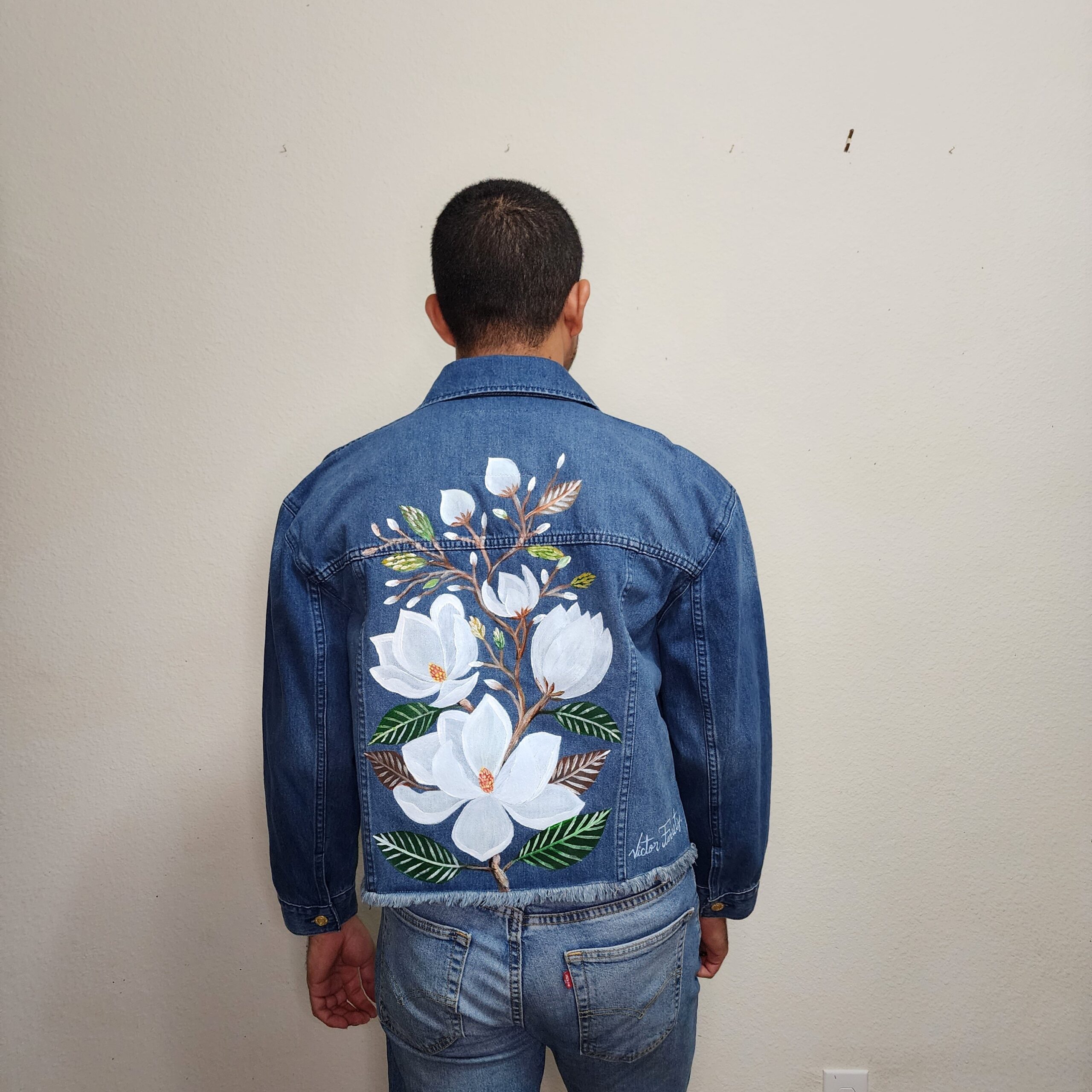 Handpainted brand-new denim jacket with textile paint. Washer and dryer safe. Size: women's L