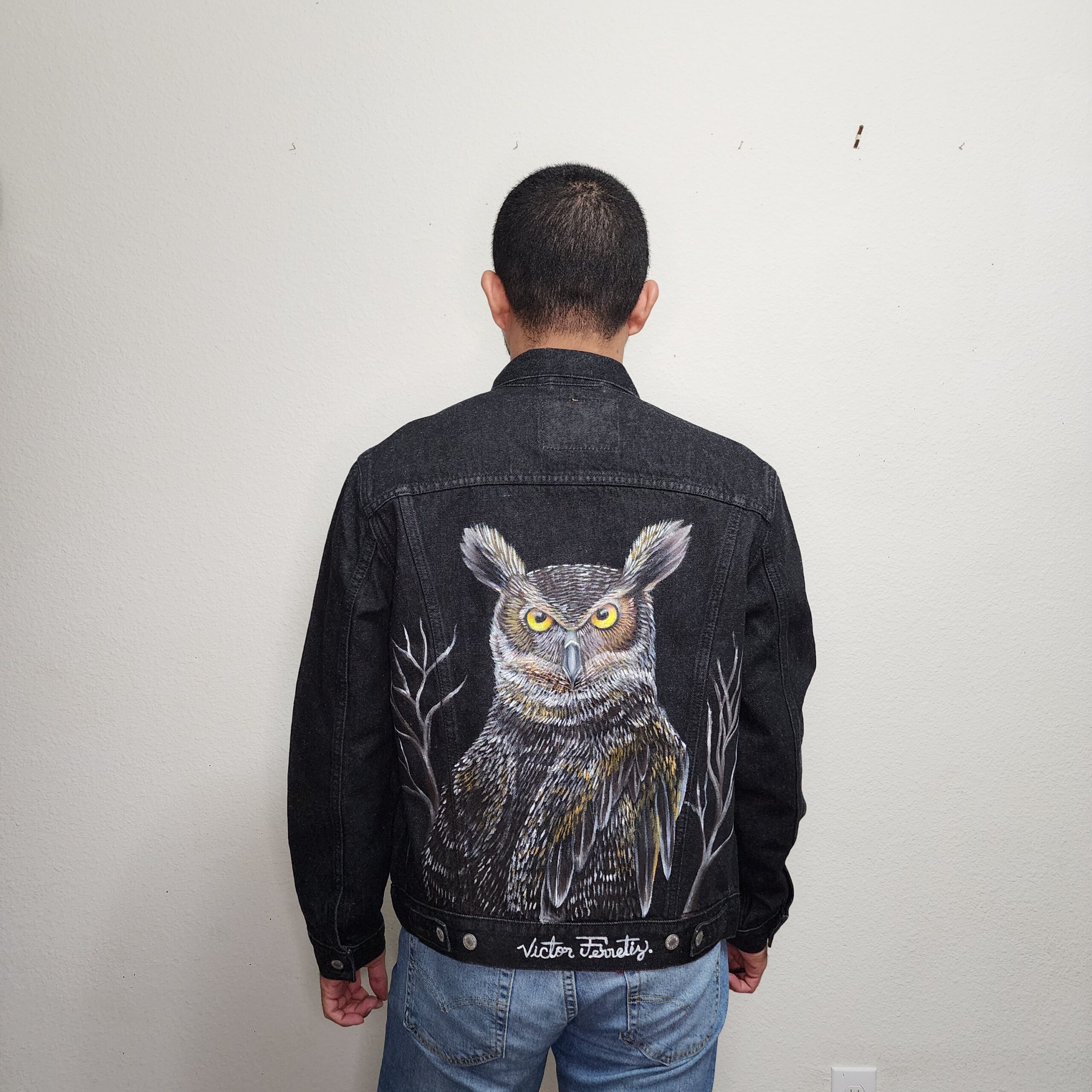 Handpainted brand-new denim jacket with textile paint. Washer and dryer safe. Size: Unisex M