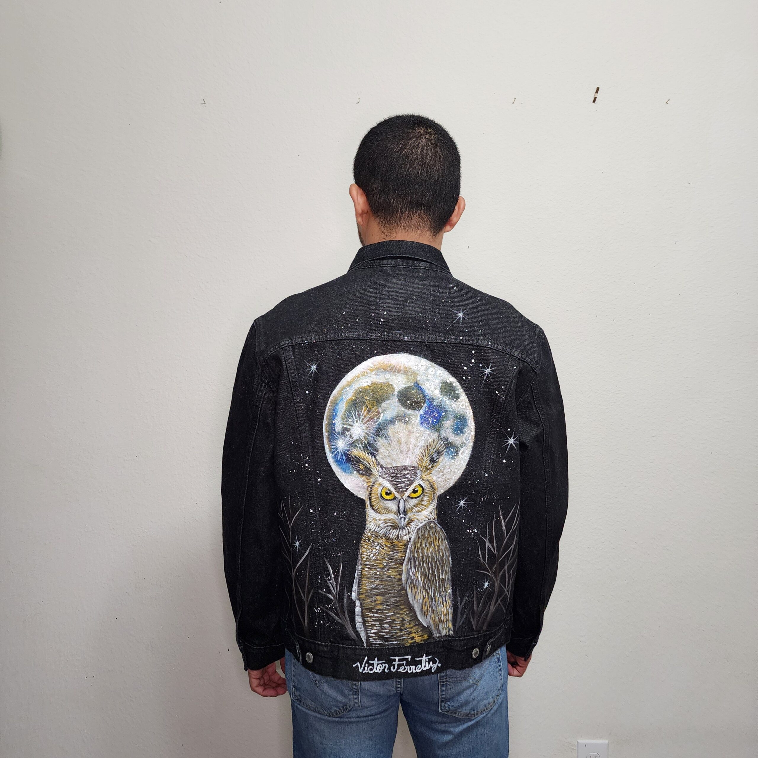 Handpainted brand-new denim jacket with textile paint. Washer and dryer safe. Size: Unisex L