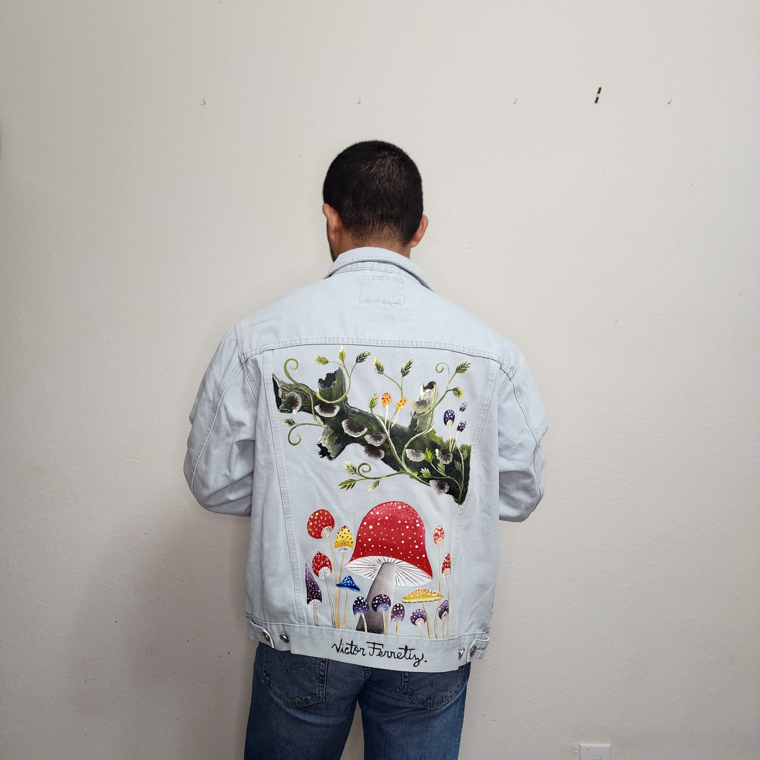 Handpainted brand-new denim jacket with textile paint. Washer and dryer safe. Size: Unisex XL