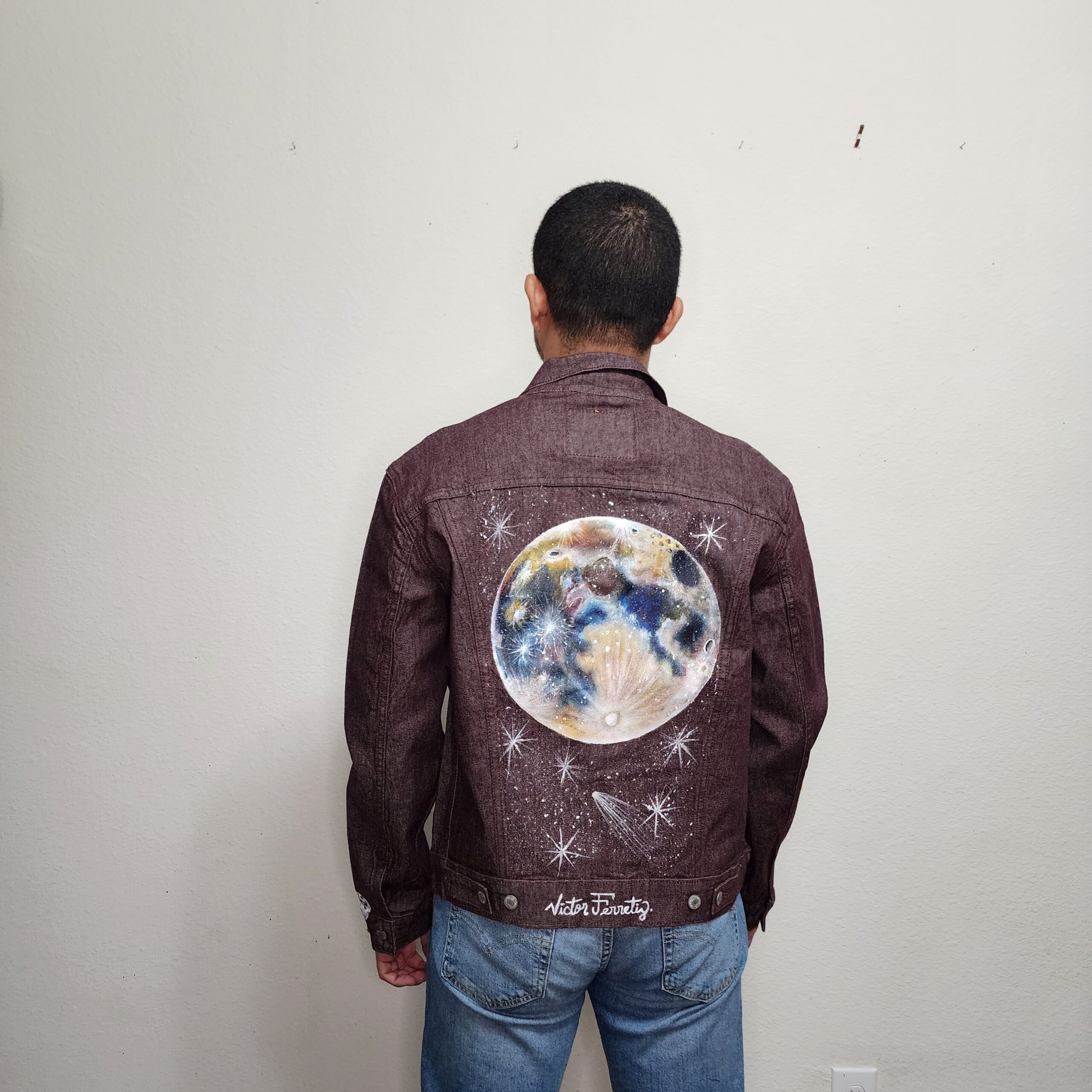 Handpainted brand-new denim jacket with textile paint. Washer and dryer safe. Size: Unisex M