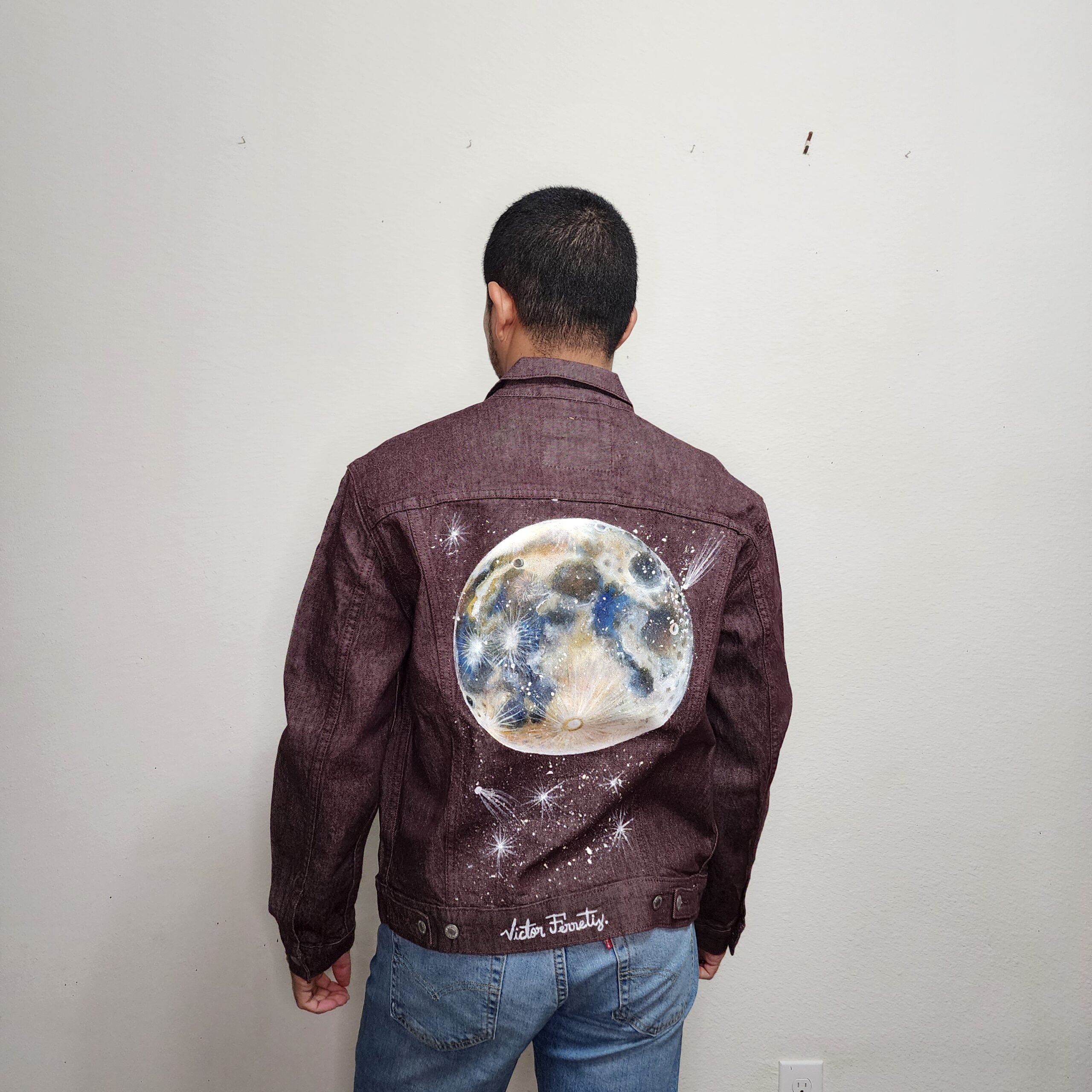 Handpainted brand-new denim jacket with textile paint. Washer and dryer safe. Size: Unisex M