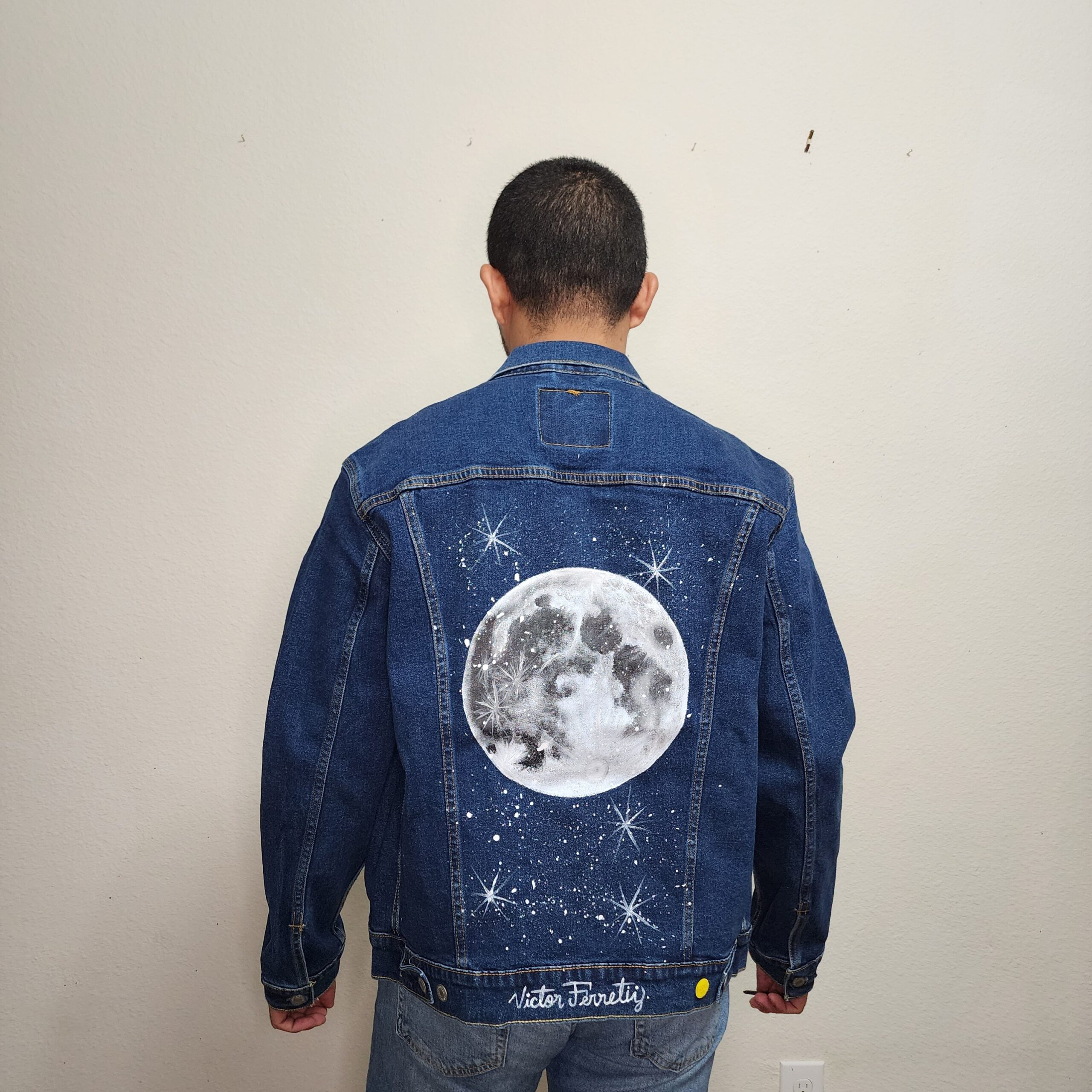 Handpainted brand-new denim jacket with textile paint. Washer and dryer safe. Size: Unisex L