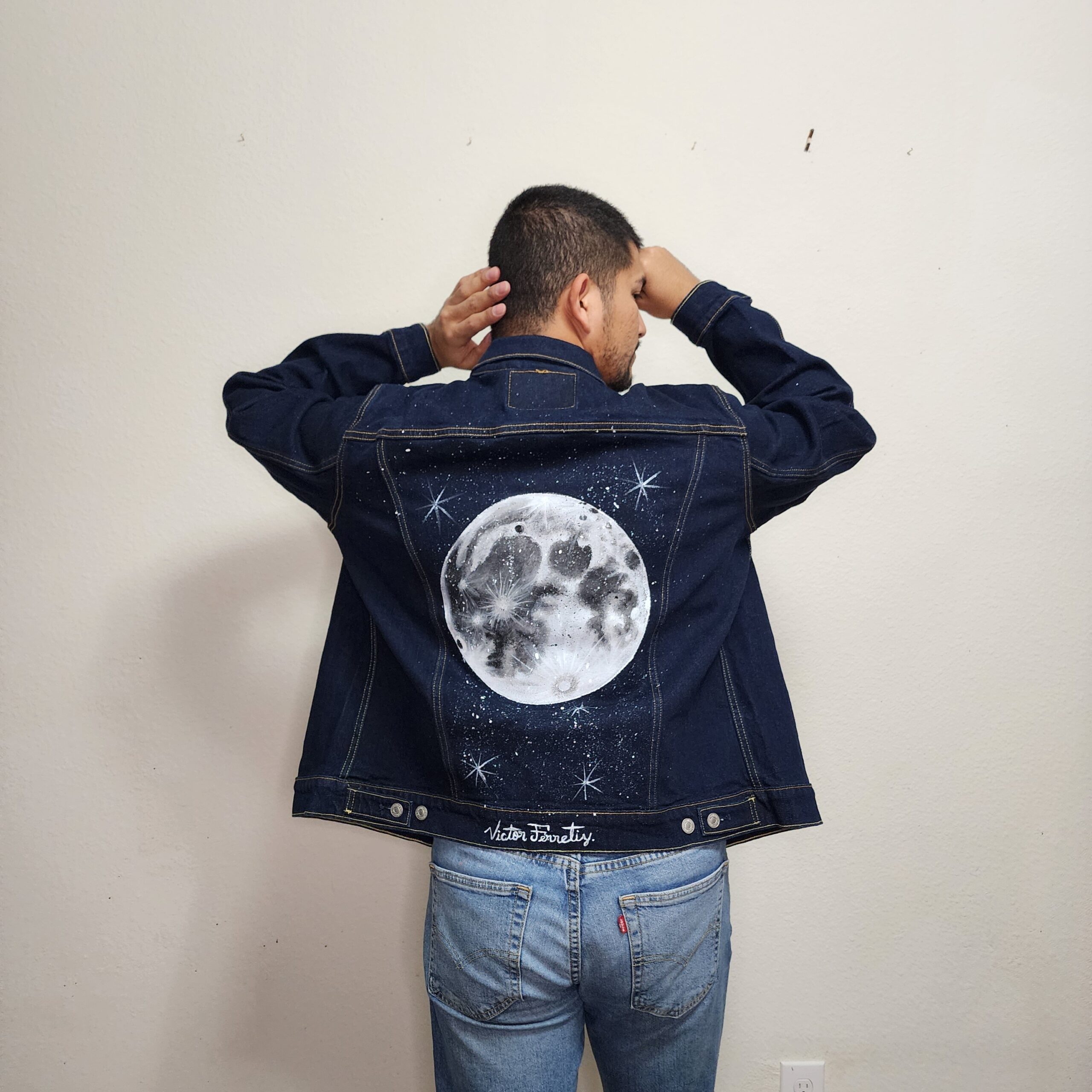 Handpainted brand-new denim jacket with textile paint. Washer and dryer safe. Size: Unisex XL