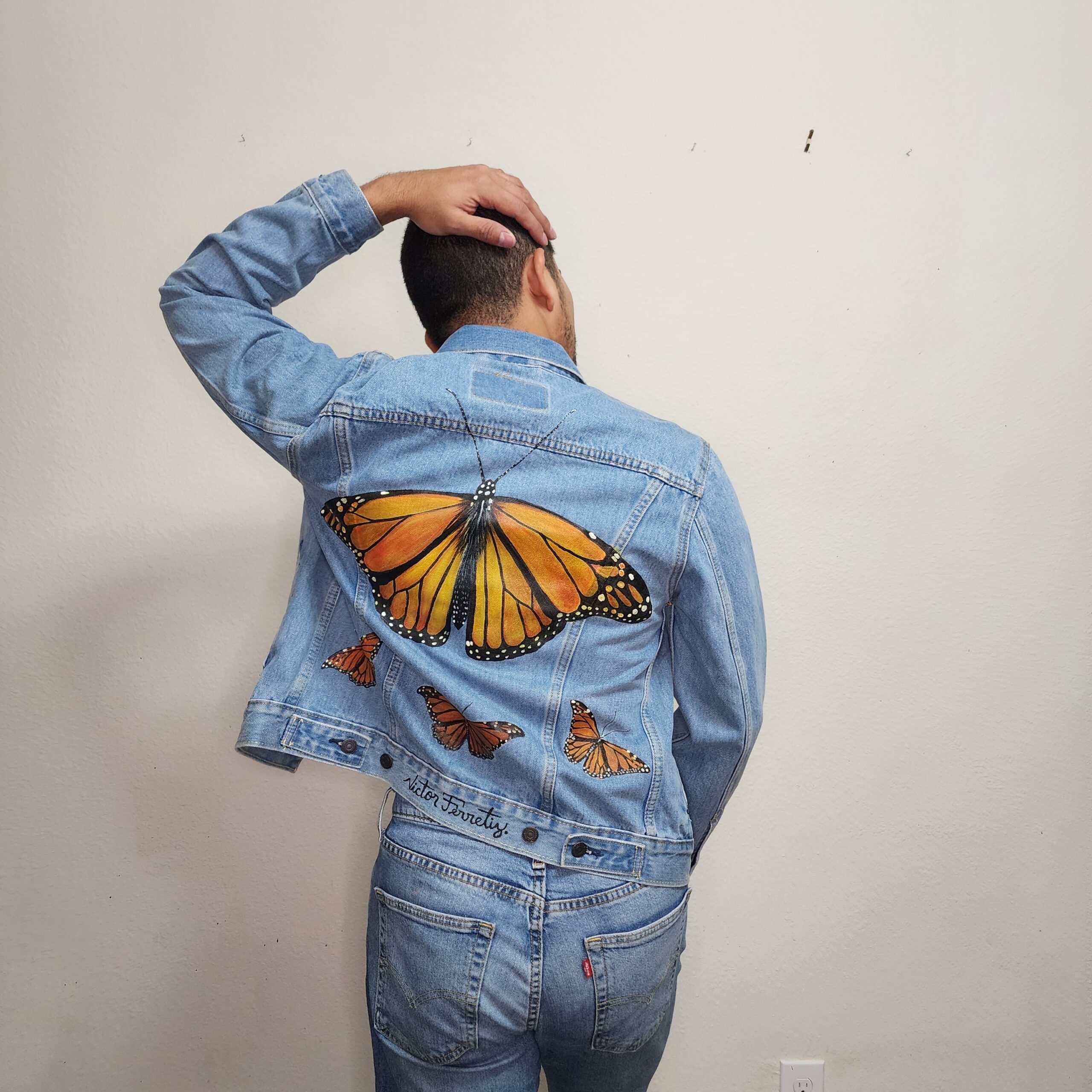 Handpainted brand-new denim jacket with textile paint. Washer and dryer safe. Size: Unisex S