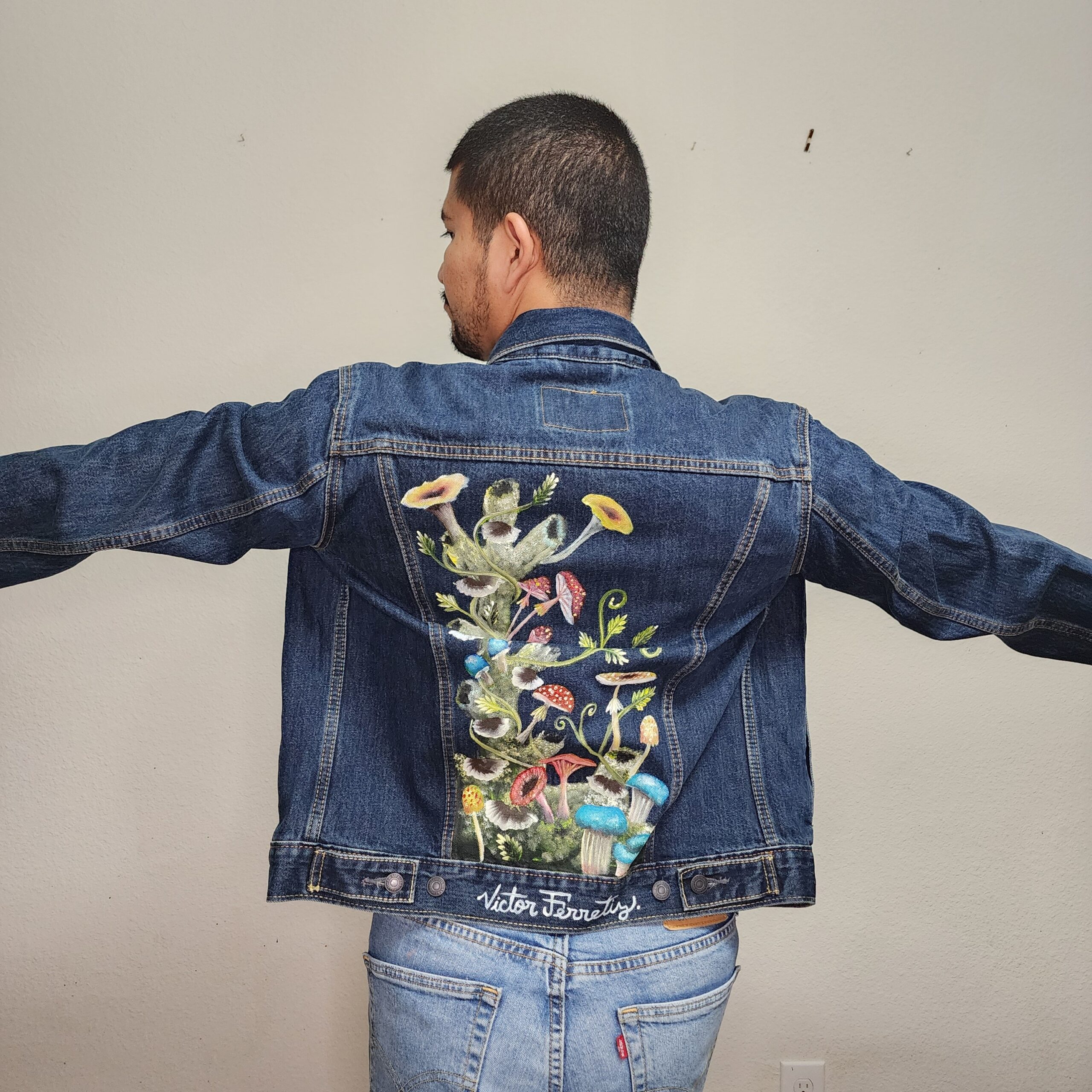 Handpainted brand-new denim jacket with textile paint. Washer and dryer safe. Size: Unisex S