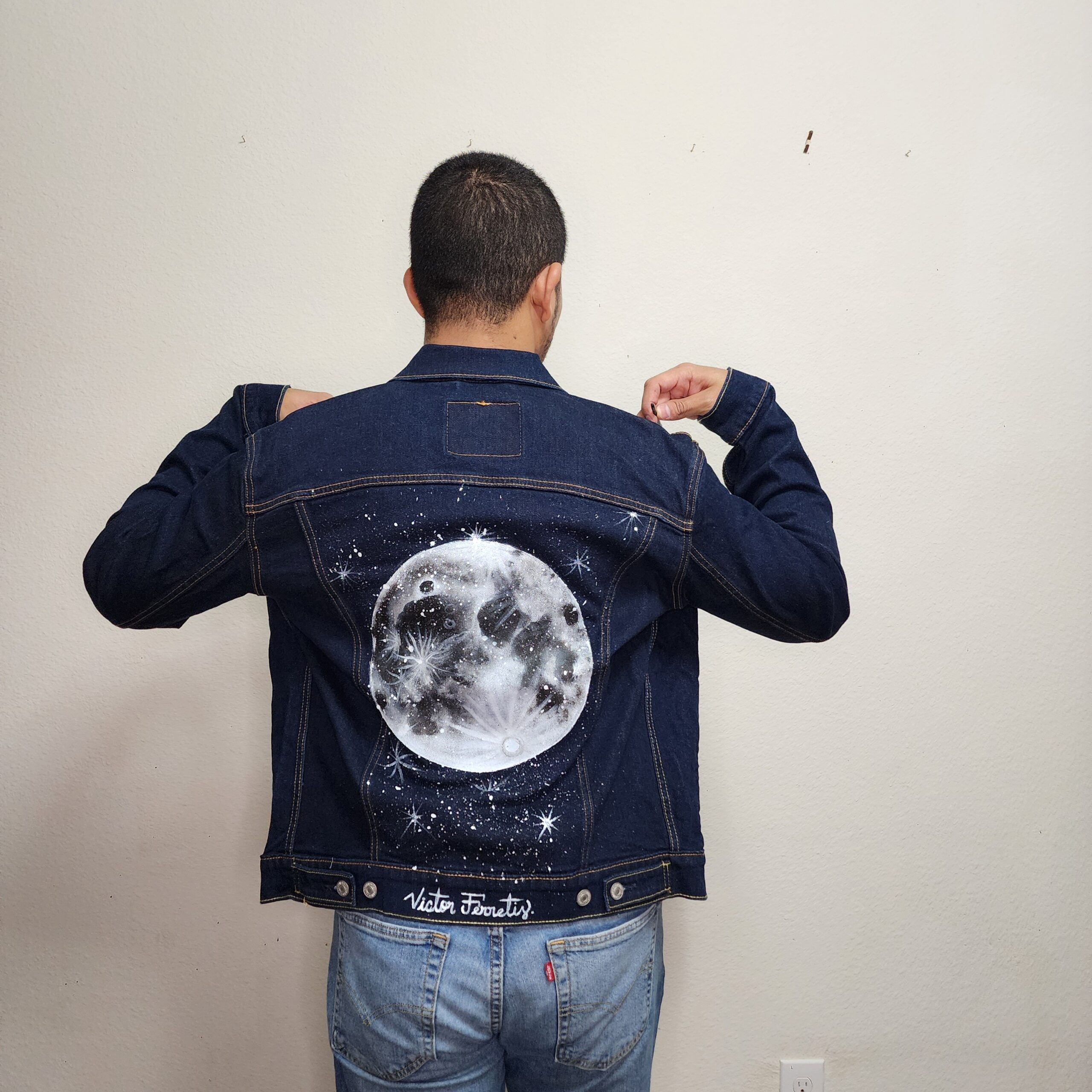 Handpainted brand-new denim jacket with textile paint. Washer and dryer safe. Size: Unisex M