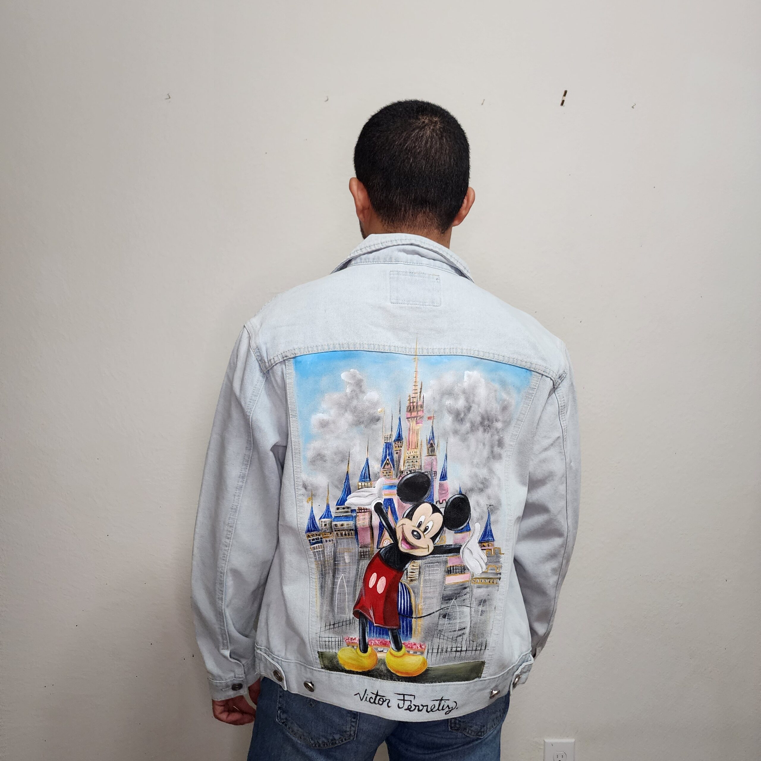 Handpainted brand-new denim jacket with textile paint. Washer and dryer safe. Size: Unisex L