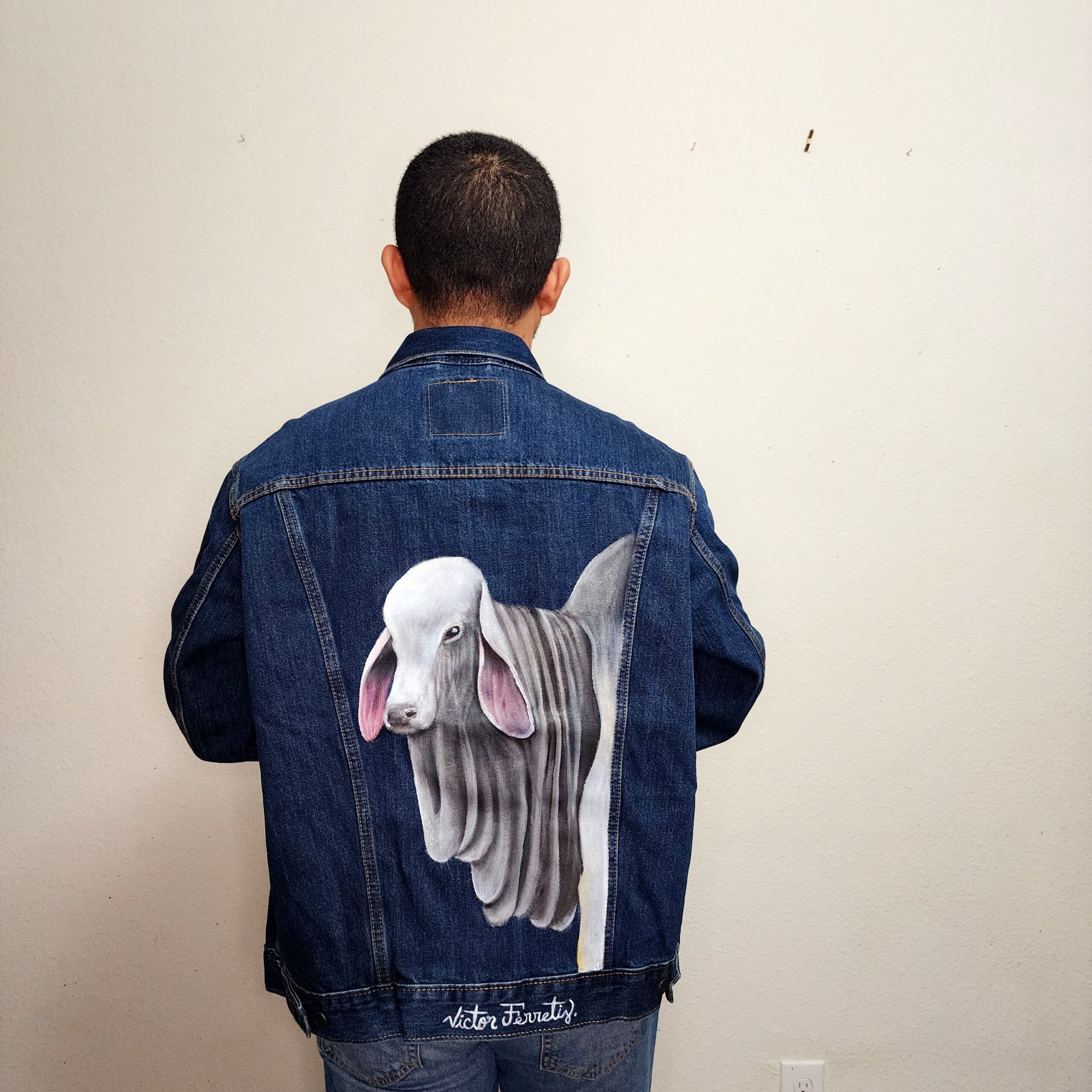 Handpainted brand-new denim jacket with textile paint. Washer and dryer safe. Size: Unisex XL