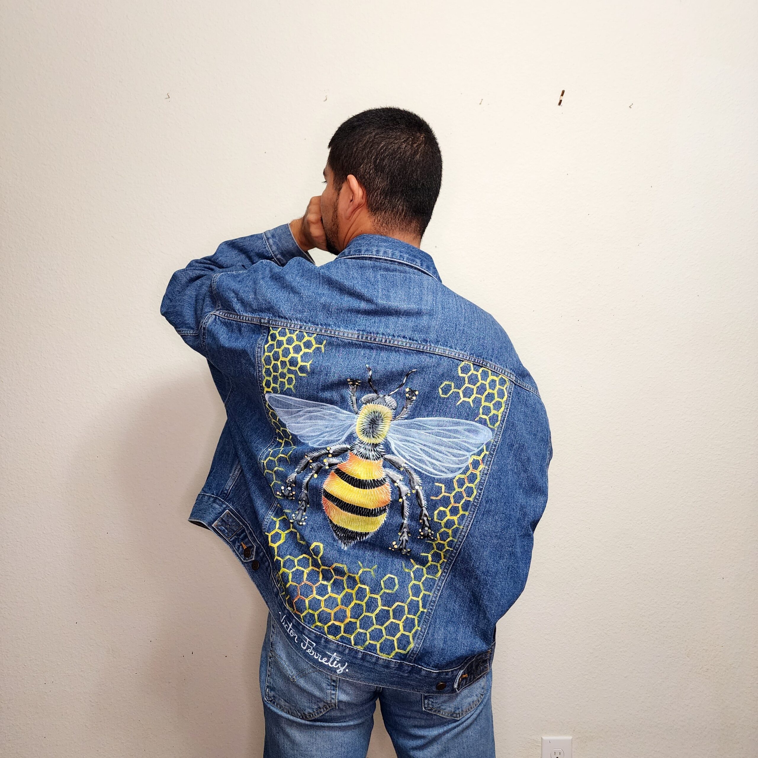 Handpainted brand-new denim jacket with textile paint. Washer and dryer safe. Size: Unisex XXL