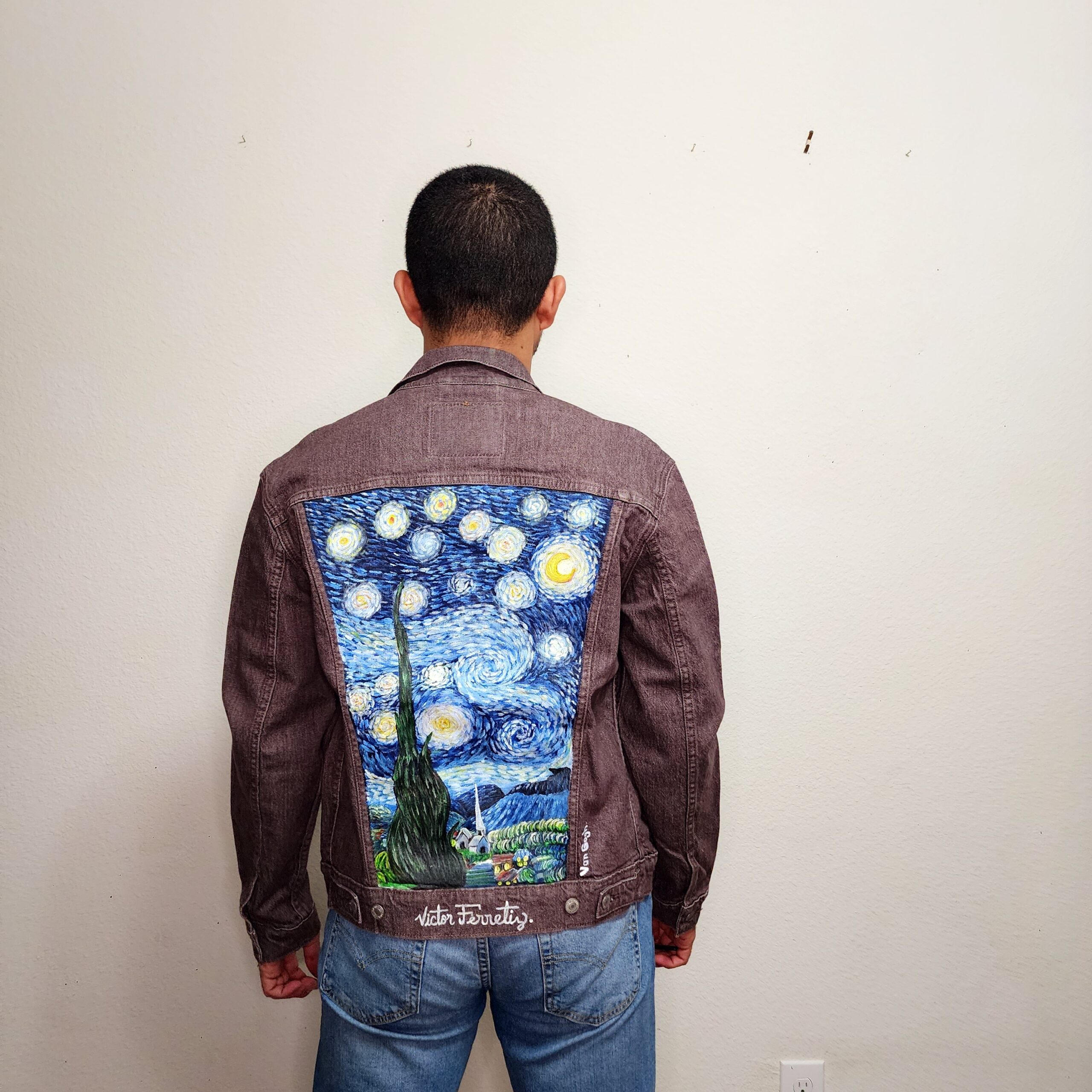 Handpainted brand-new denim jacket with textile paint. Washer and dryer safe. Size: Unisex M