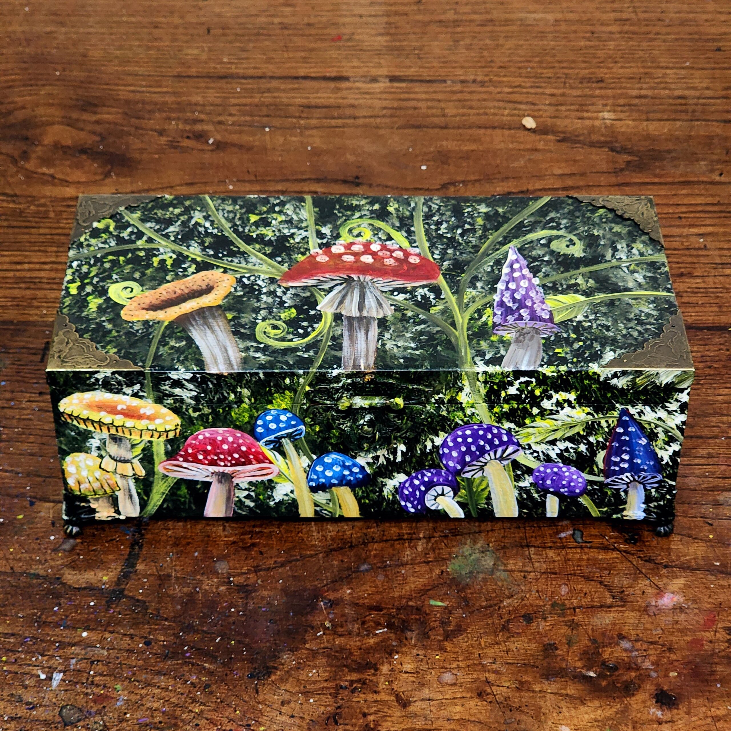 Repurposed cigar wooden box with a cool design of mushroom and moss.