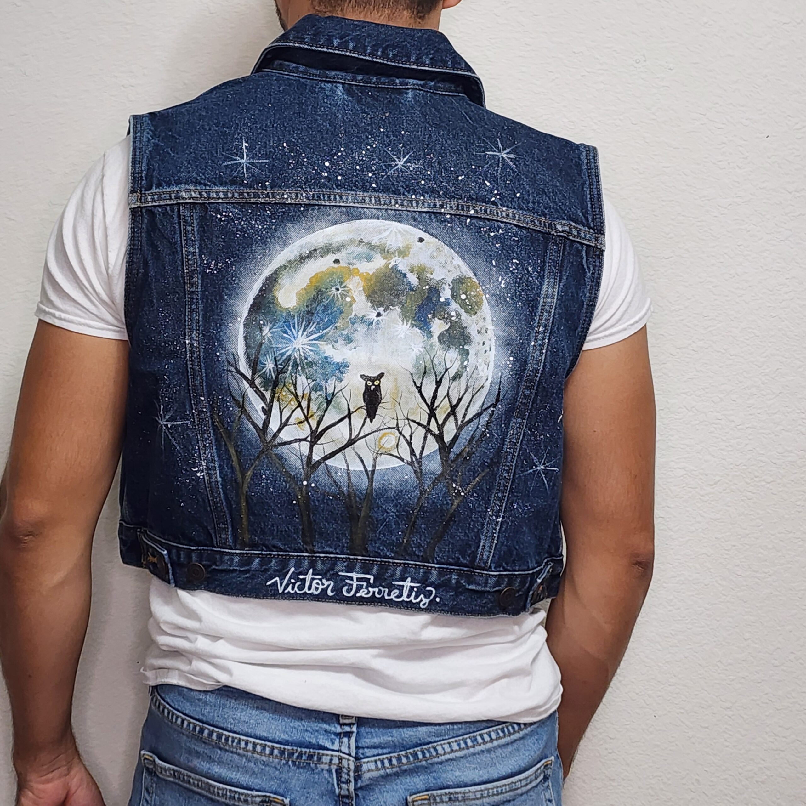 Handpainted brand-new denim vest with textile paint. Washer and dryer safe. Size: women's XL