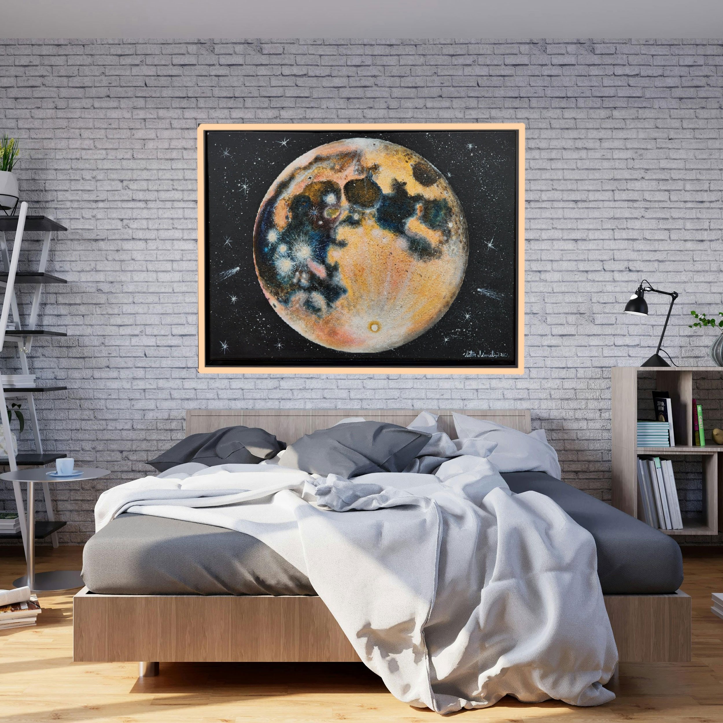 Inspiration that my brain captures every time I look at the sky at night. Original painting made of acrylic paint on canvas. Framed and ready to hang. Original dimensions with frame: 41.5″xl x 31.5″ x 2.5″