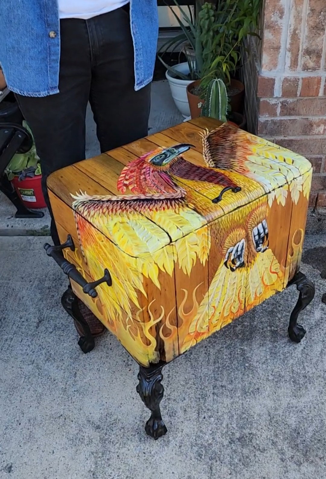 Antique pine wood box repurposed into this beautiful chest with cool design of a phoenix rising from the ashes.