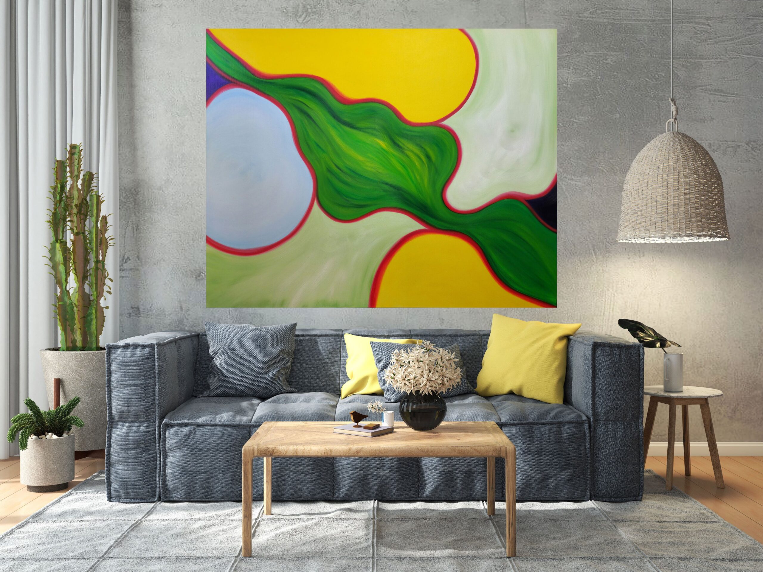 Large-scale abstract artwork for large interior spaces. The artwork is composed of warm and soft colors that embrace the harmony and soul of a home. Oil on stretched canvas. Size of the painting: 48"x60"x1.2"