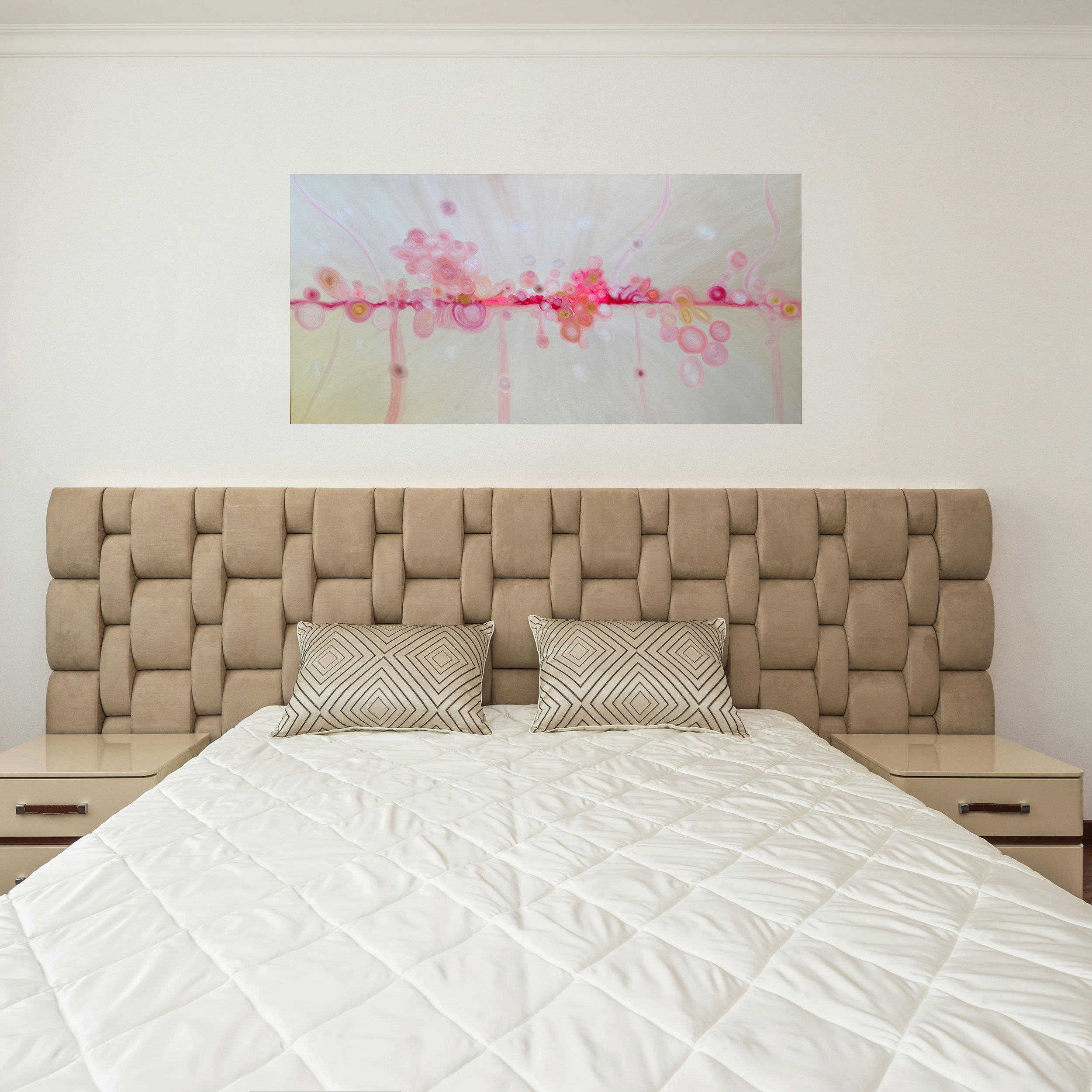 Elegant abstract artwork for cozy interior spaces. The artwork is composed of soft colors that embrace the harmony and soul of a lovely home. Medium: oil on canvas. Size: 24"x48"