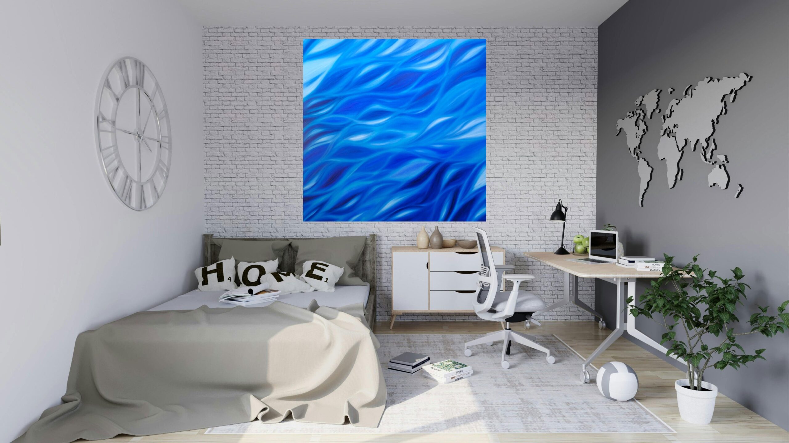 Large-scale abstract artwork for large interior spaces. The artwork is composed of cool and bright colors that embrace the harmony and soul of a home. Medium: oil on canvas. Size: 48"x48"