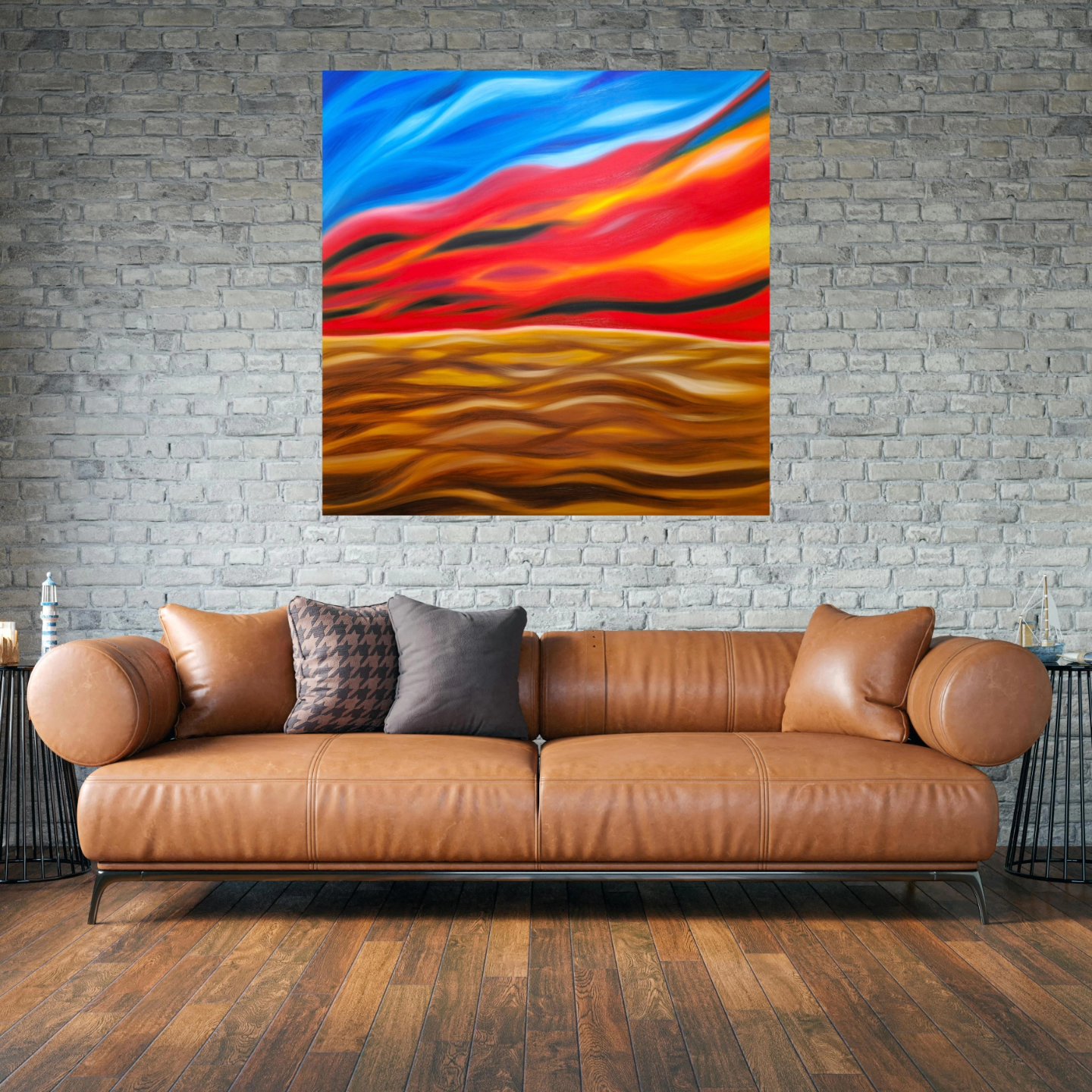 Large-scale abstract artwork for large interior spaces. The artwork is composed of earthy, cool, and bright warm colors that embrace the harmony and the soul of a sweet home. Medium: oil on canvas. Size: 48"x48"