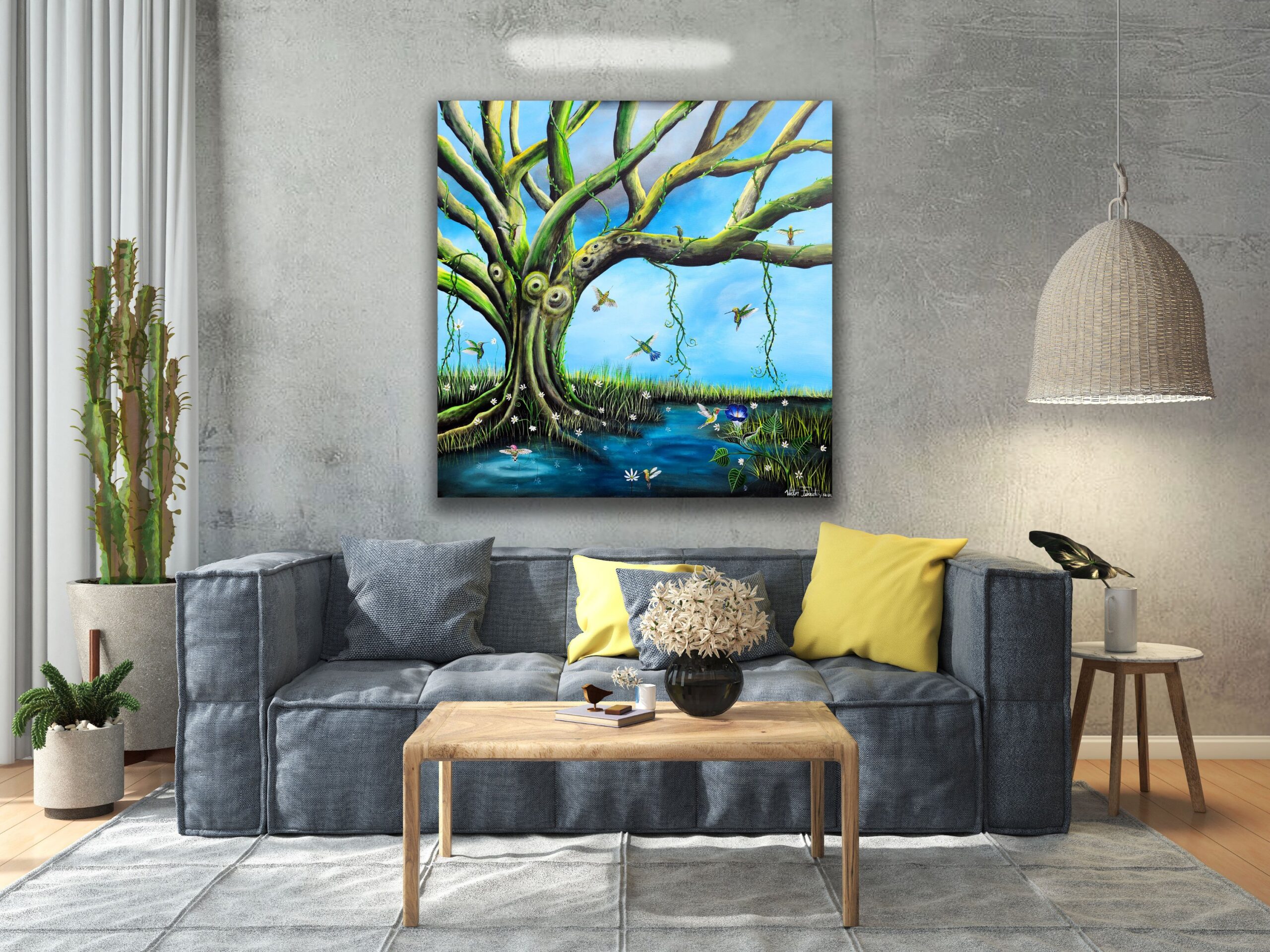 This is an original painting of a tree of life and a pond under it with hummingbirds and wild flowers. The size of the painting is 48x48 inches.