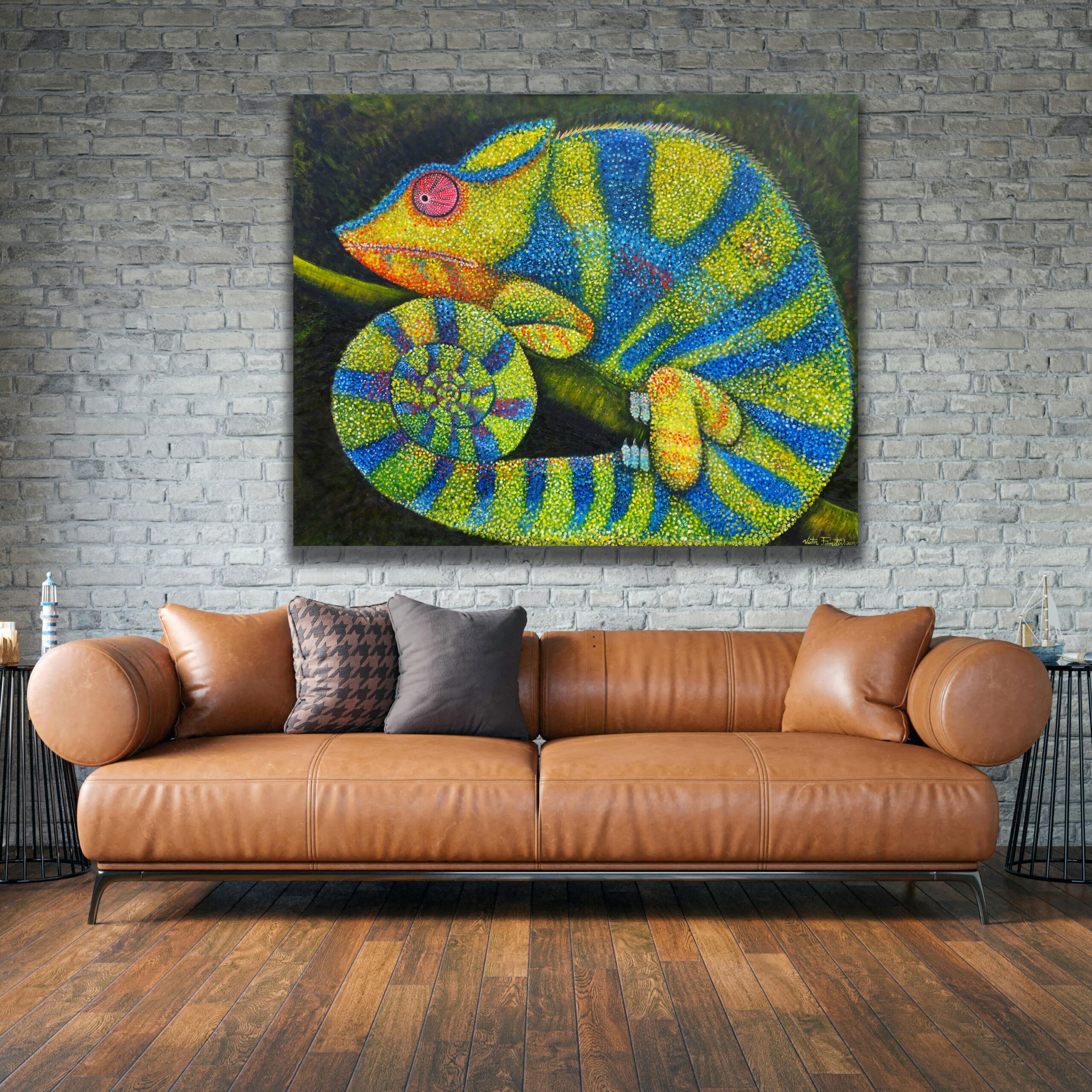 Original painting of a chameleon made of oil paint on a 48x60 inch canvas. Pointilism style.