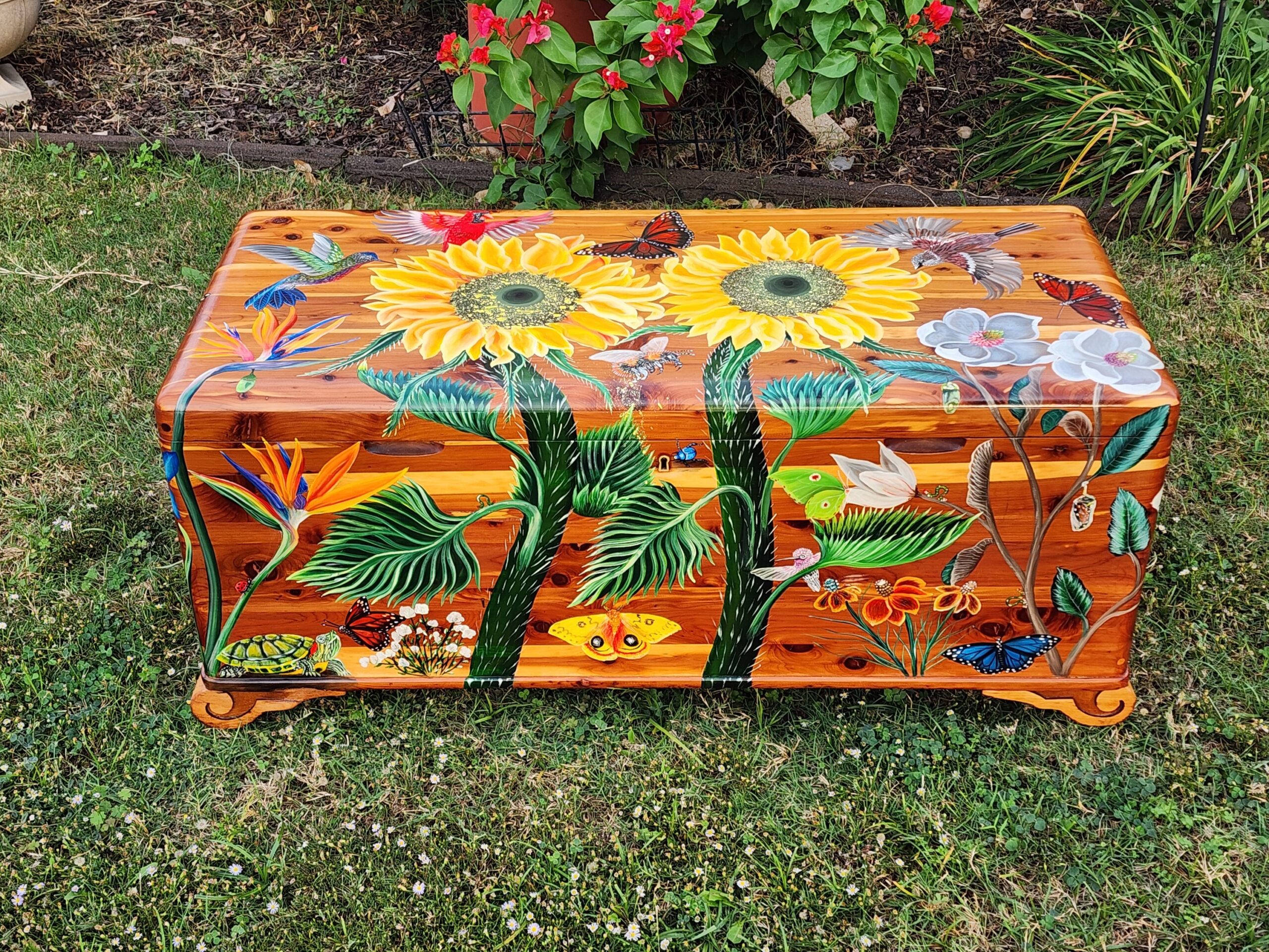 Junior Cedar Chest 1870's Original cast-iron wheels Comes with a key Handpainted design